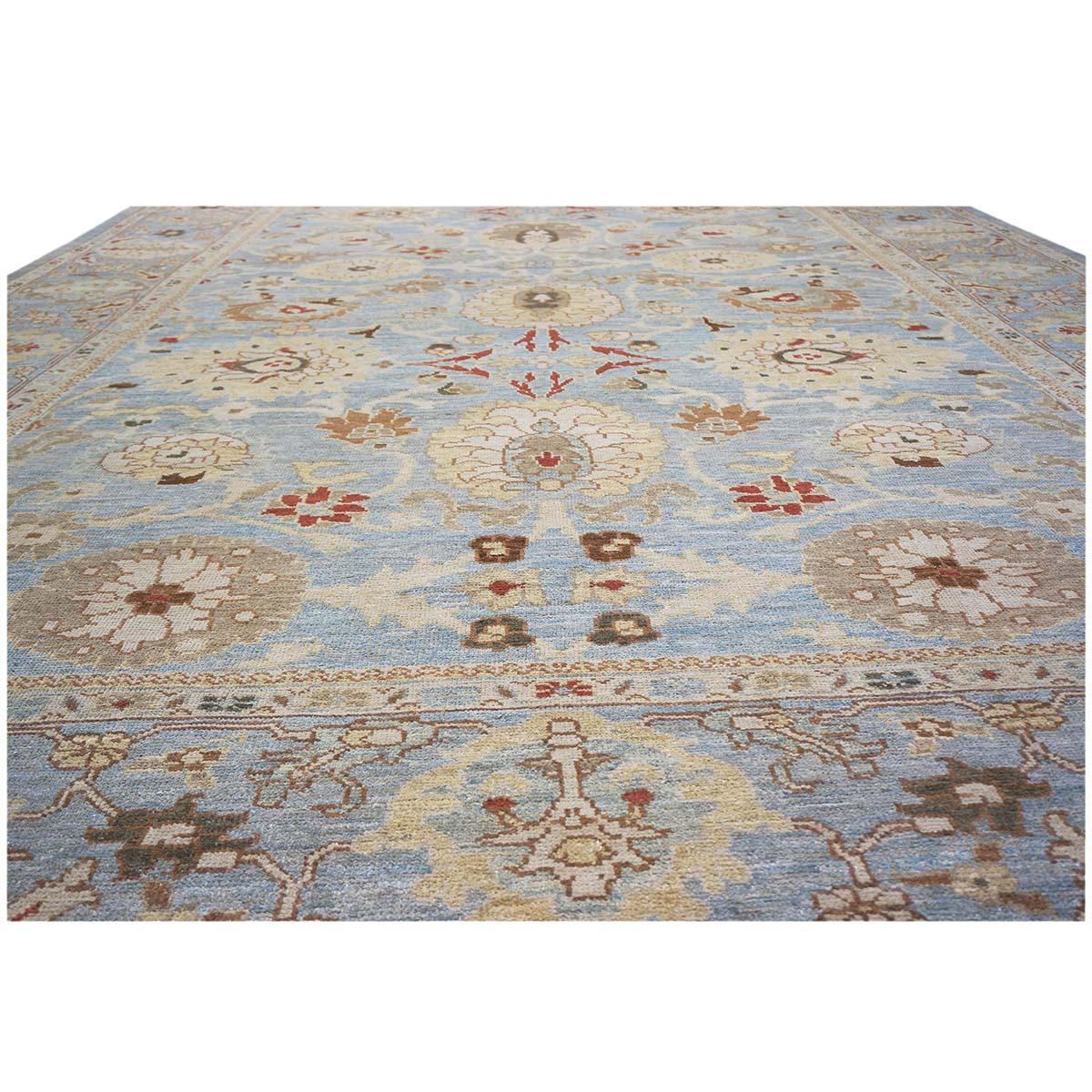 Wool 21st Century Persian Sultanabad 9x12 Blue, Ivory, & Tan Handmade Area Rug For Sale