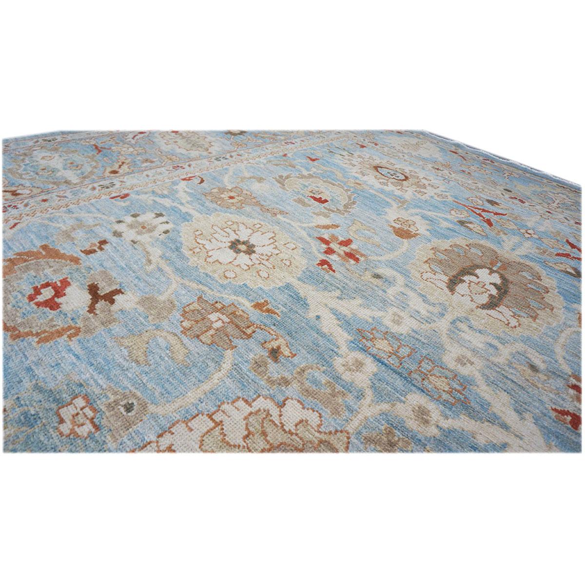 21st Century Persian Sultanabad 9x12 Blue, Ivory, & Tan Handmade Area Rug For Sale 2