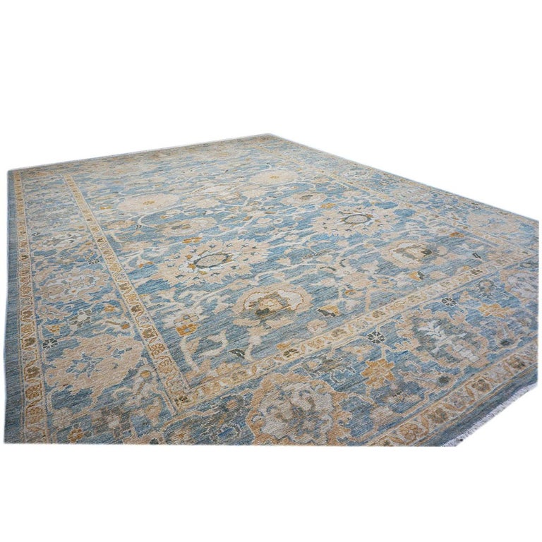 Hand-Woven 21st Century Persian Sultanabad 9x12 Blue, Tan, & Yellow Handmade Area Rug For Sale