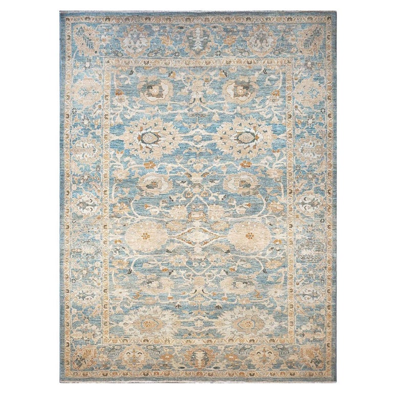21st Century Persian Sultanabad 9x12 Blue, Tan, & Yellow Handmade Area Rug For Sale