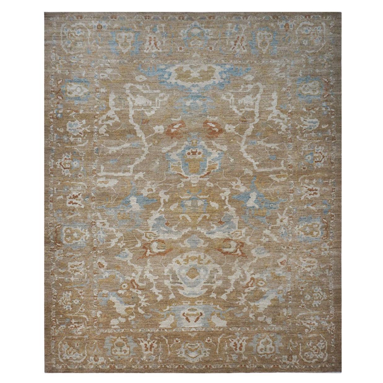 21st Century Persian Sultanabad 9x12 Brown, Ivory and Blue Handmade Area Rug