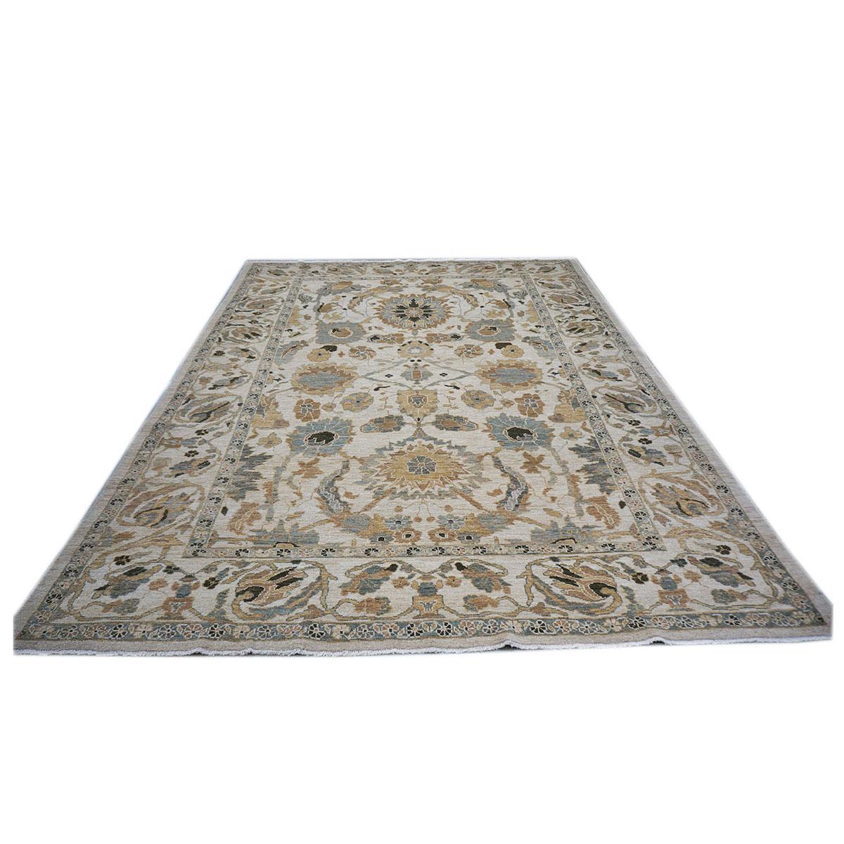 Other 21st Century Persian Sultanabad 9x12 Ivory and Slate Blue Wool Rug For Sale