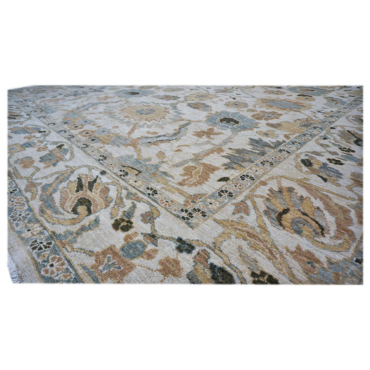 Hand-Woven 21st Century Persian Sultanabad 9x12 Ivory and Slate Blue Wool Rug For Sale