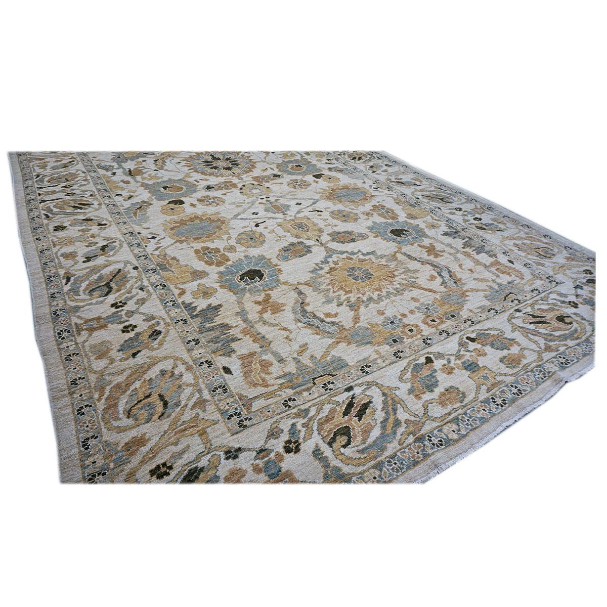 21st Century Persian Sultanabad 9x12 Ivory and Slate Blue Wool Rug In Good Condition For Sale In Houston, TX