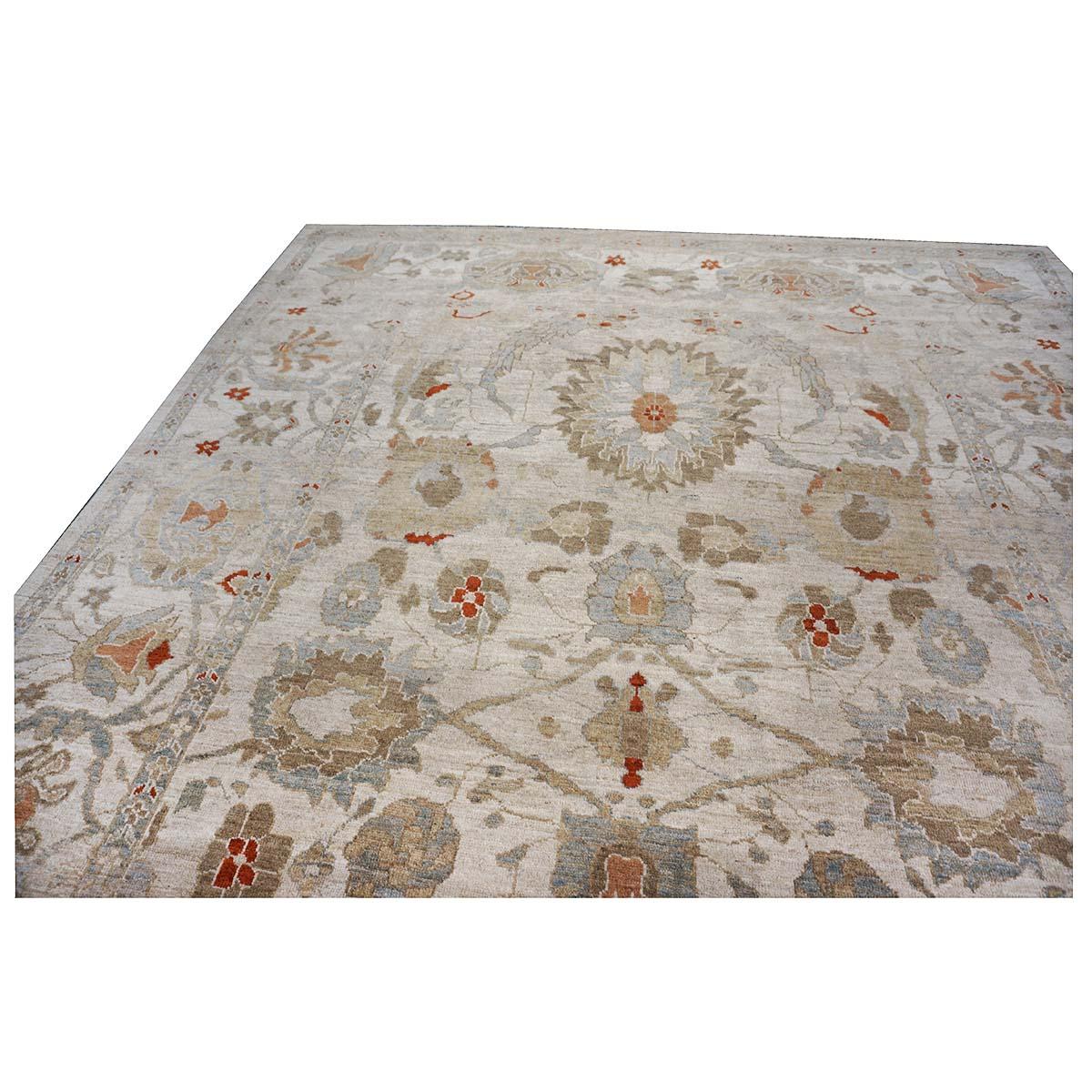 21st Century Persian Sultanabad 9x12 Ivory, Blue & Tan Handmade Area Rug For Sale 5