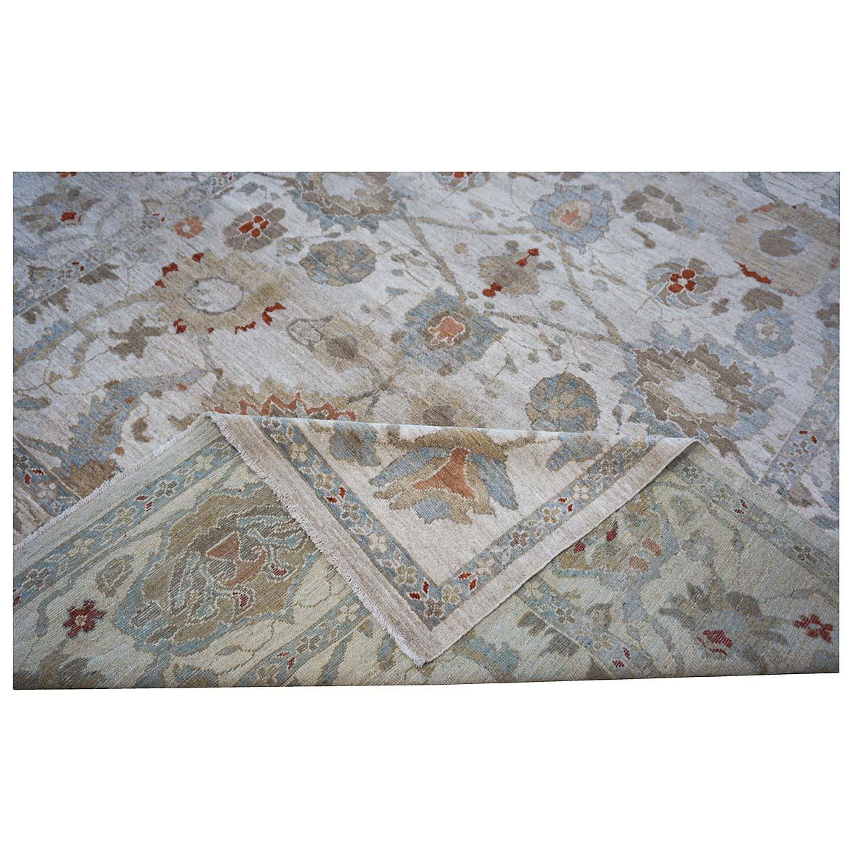 21st Century Persian Sultanabad 9x12 Ivory, Blue & Tan Handmade Area Rug For Sale 8