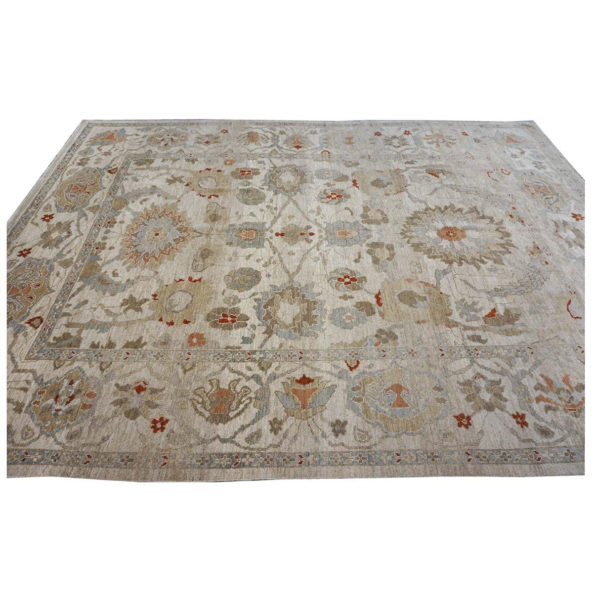 21st Century Persian Sultanabad 9x12 Ivory, Blue & Tan Handmade Area Rug In Excellent Condition For Sale In Houston, TX