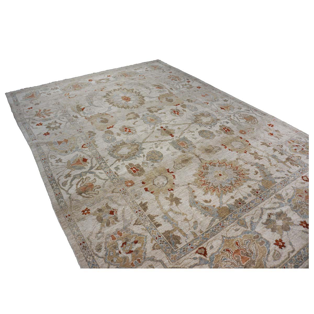 21st Century Persian Sultanabad 9x12 Ivory, Blue & Tan Handmade Area Rug For Sale 1