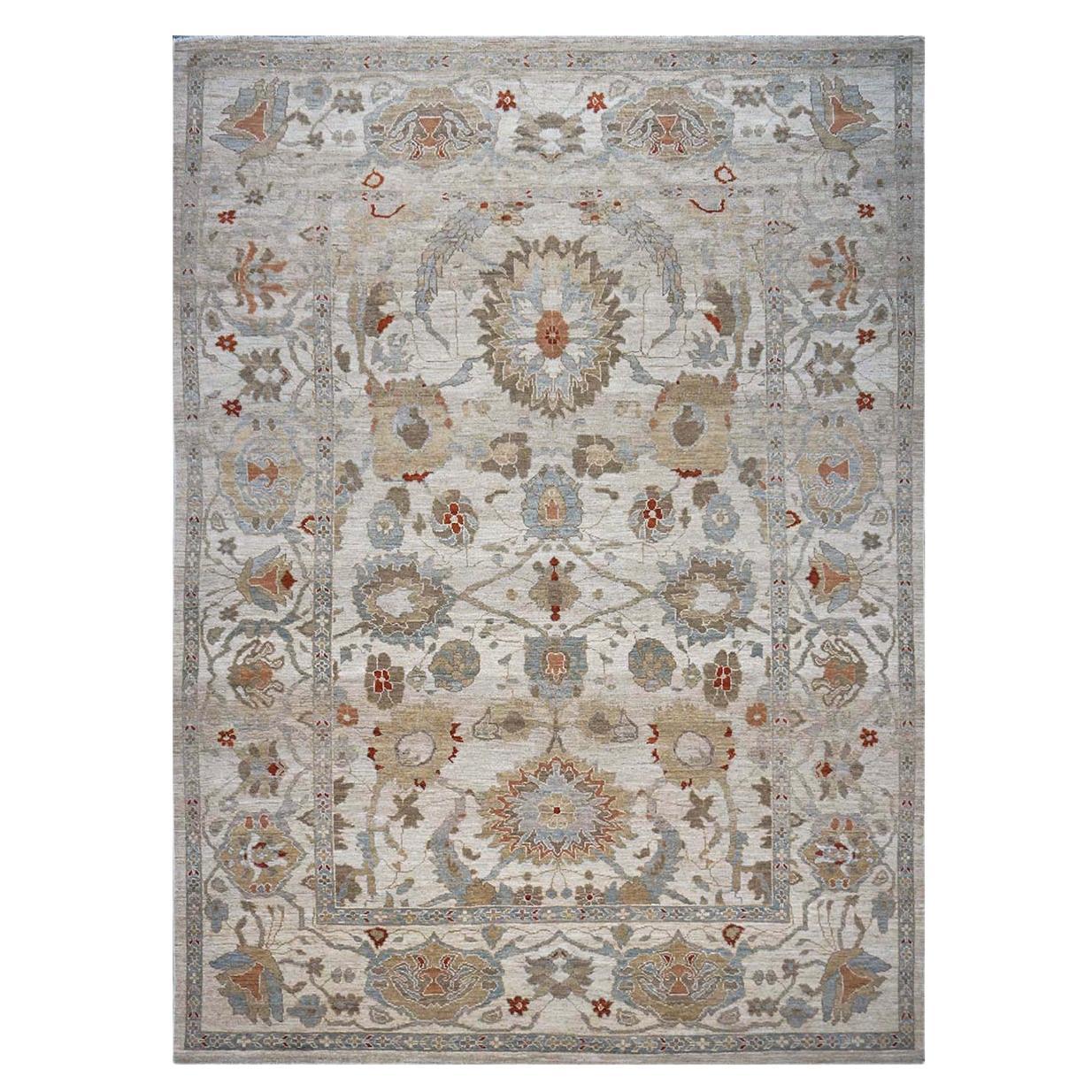 21st Century Persian Sultanabad 9x12 Ivory, Blue & Tan Handmade Area Rug For Sale