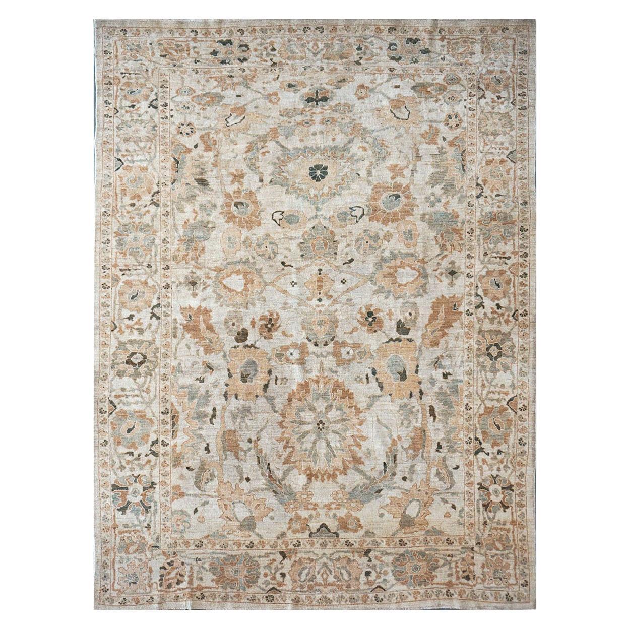 21st Century Persian Sultanabad 9x12 Ivory, Tan & Brown Handmade Area Rug For Sale