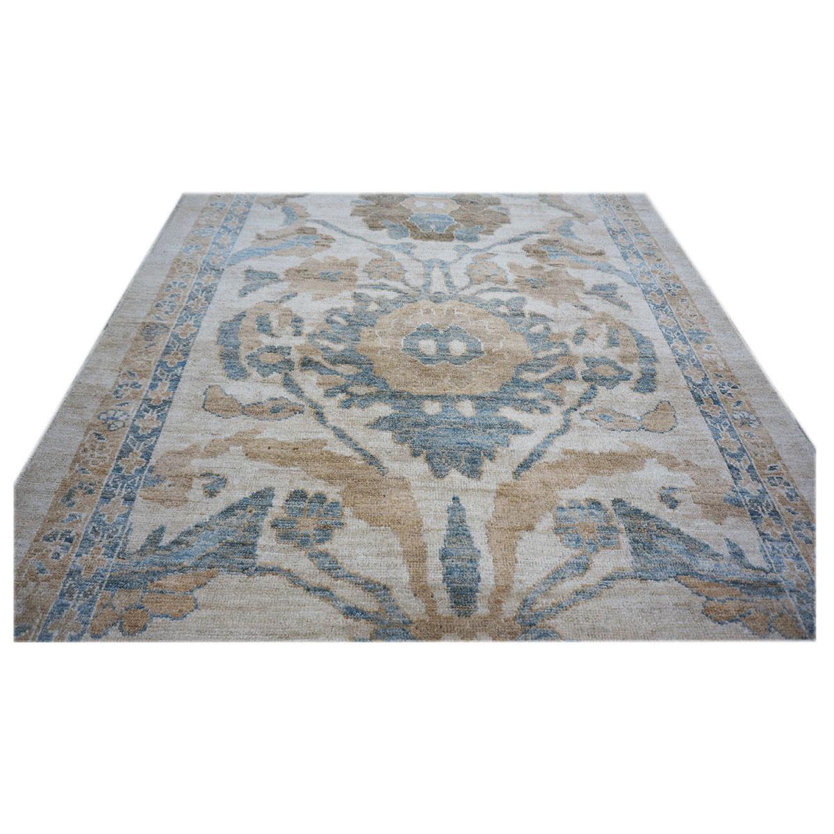 Hand-Woven 21st Century Persian Sultanabad 4x24 Ivory, Tan, & Blue Handmade Hall Runner Rug For Sale
