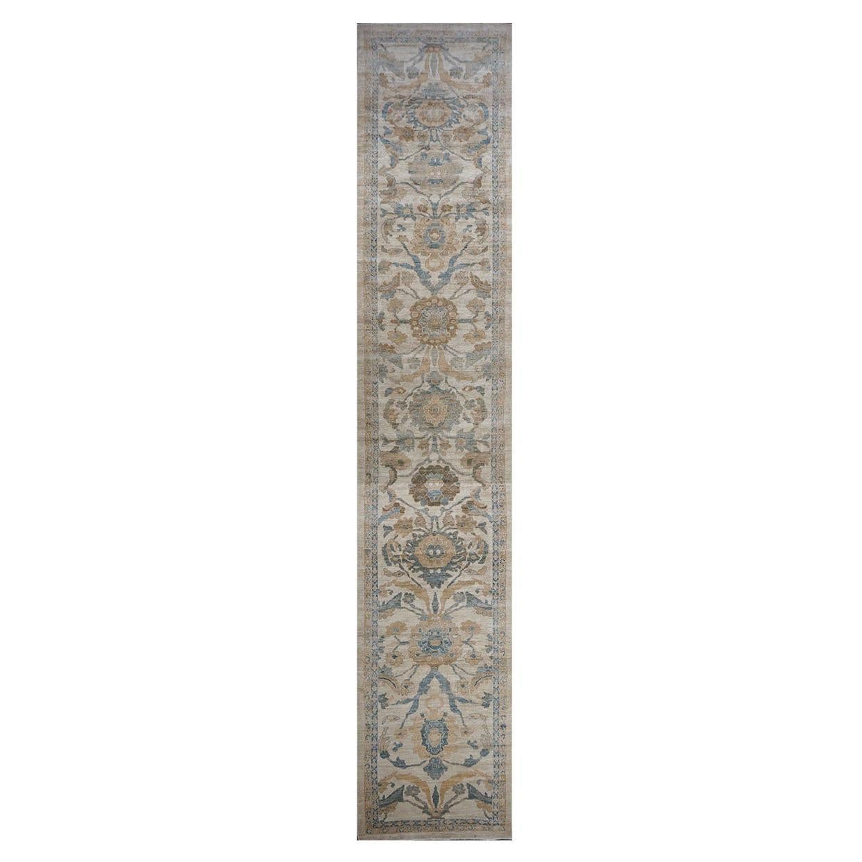 21st Century Persian Sultanabad 4x24 Ivory, Tan, & Blue Handmade Hall Runner Rug For Sale