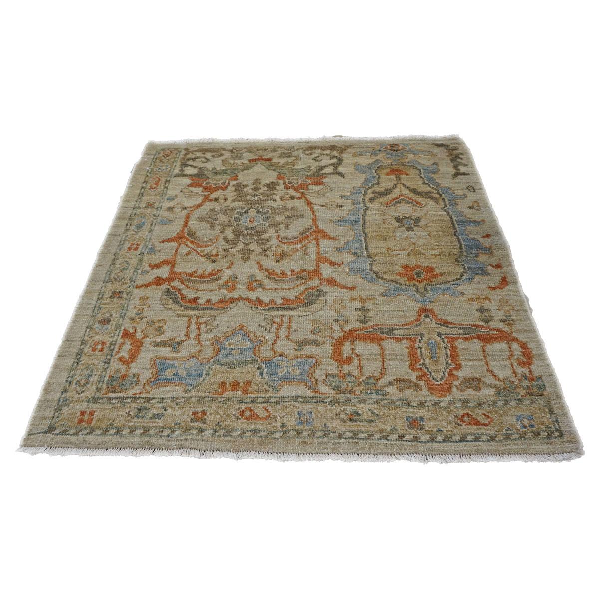Ashly fine Rugs presents an antique recreation of an original Persian Sultanabad 3x3 Ivory, Rust, & Blue Handmade Area Rug. Part of our own previous production, this antique recreation was thought of and created in-house and 100% handmade in Iran by