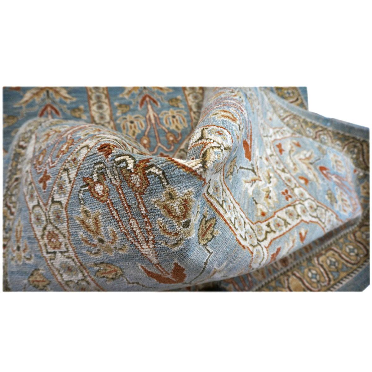 21st Century Persian Tabriz 3x15 Blue & Ivory Handmade Hall Runner In Excellent Condition For Sale In Houston, TX