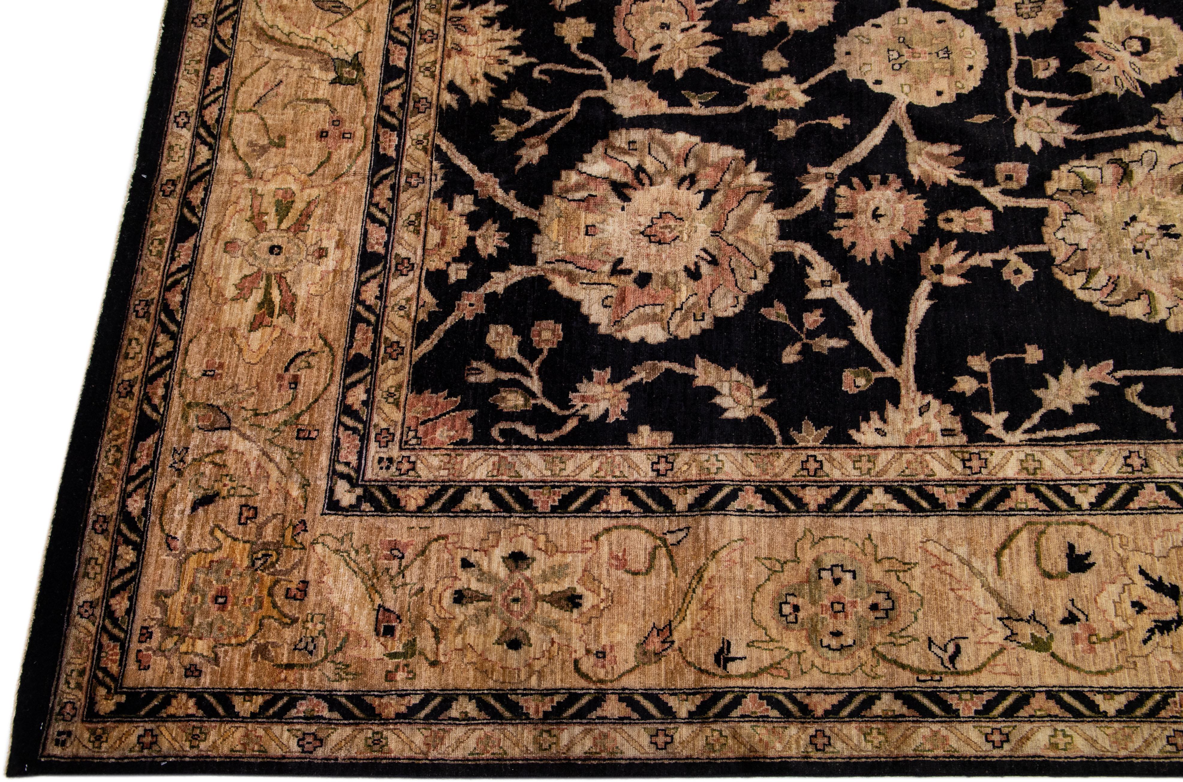 Modern 21st Century Peshawar Handmade Floral Wool Rug with Black Field  For Sale