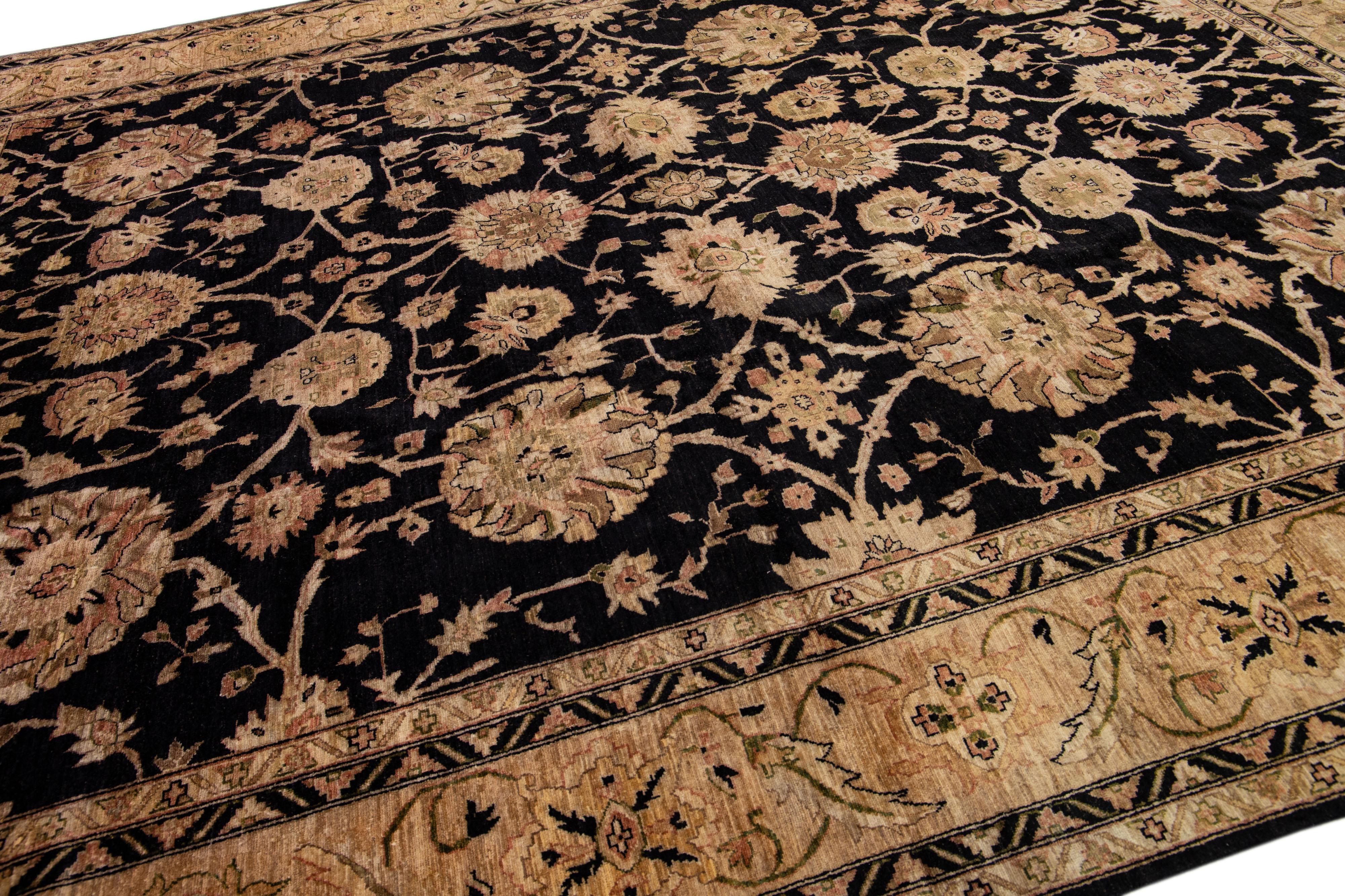 Indian 21st Century Peshawar Handmade Floral Wool Rug with Black Field  For Sale