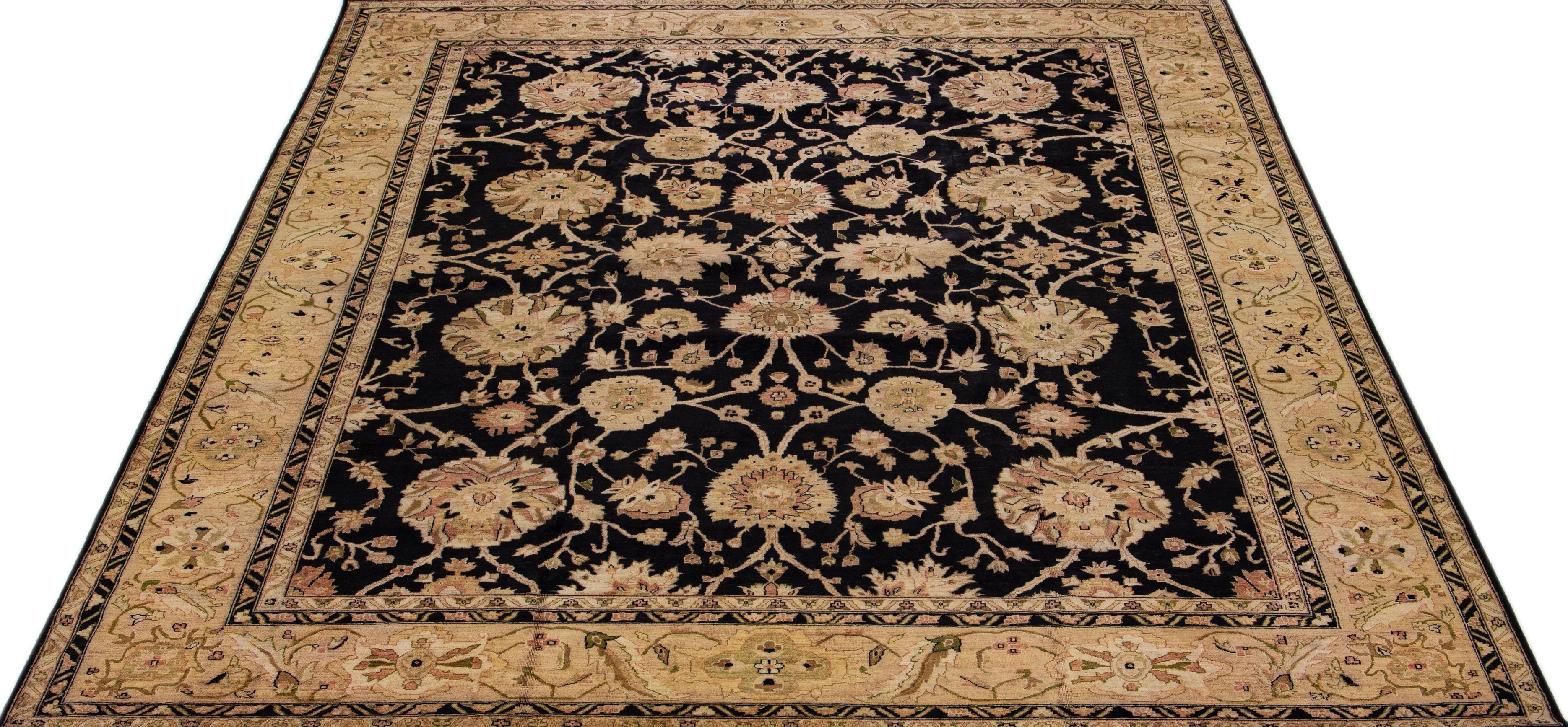 Hand-Knotted 21st Century Peshawar Handmade Floral Wool Rug with Black Field  For Sale