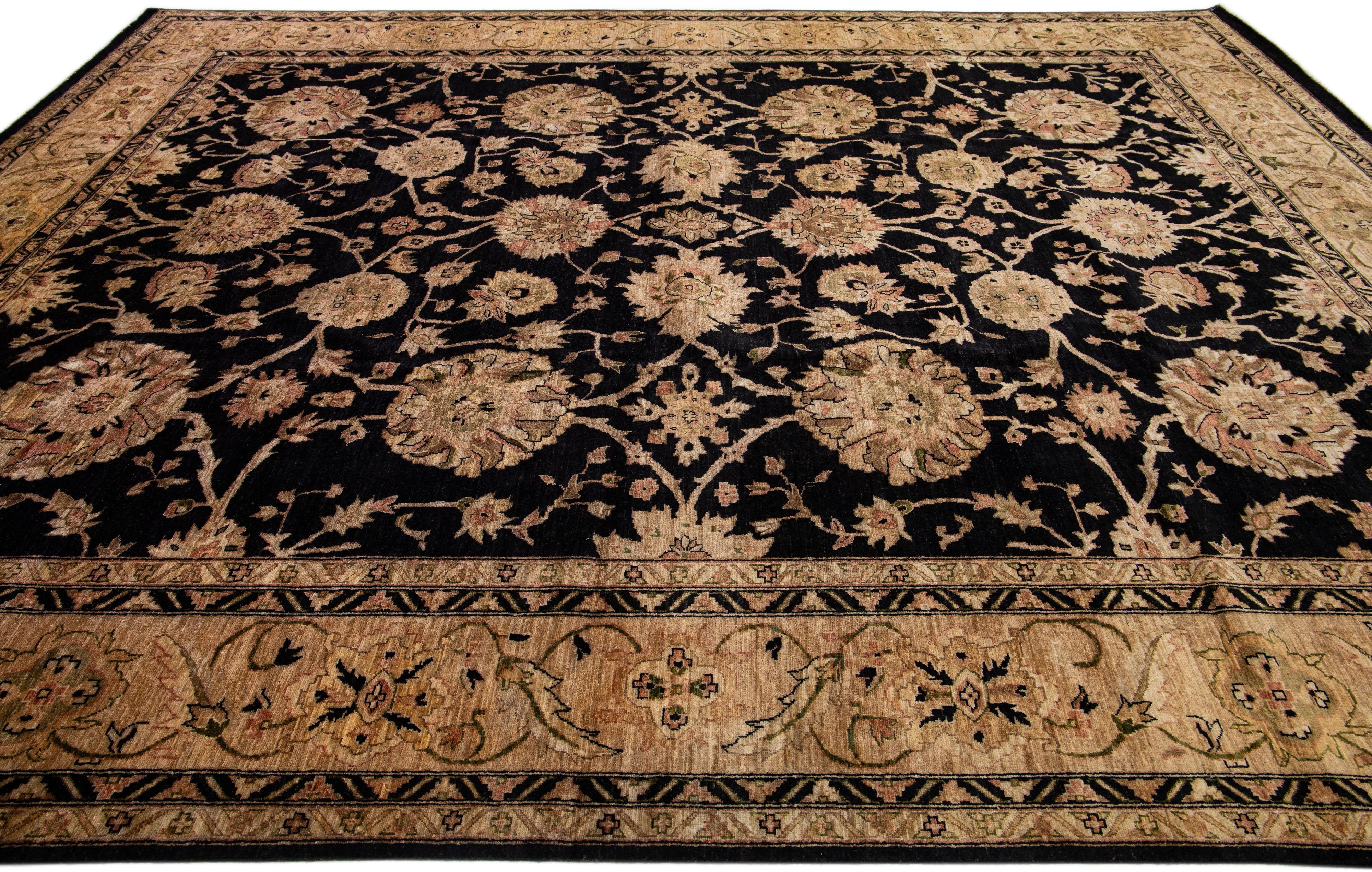 21st Century Peshawar Handmade Floral Wool Rug with Black Field  In New Condition For Sale In Norwalk, CT