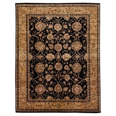 Tapis en laine à motifs floraux fait à la main de Peshawar du 21e siècle avec champ noir