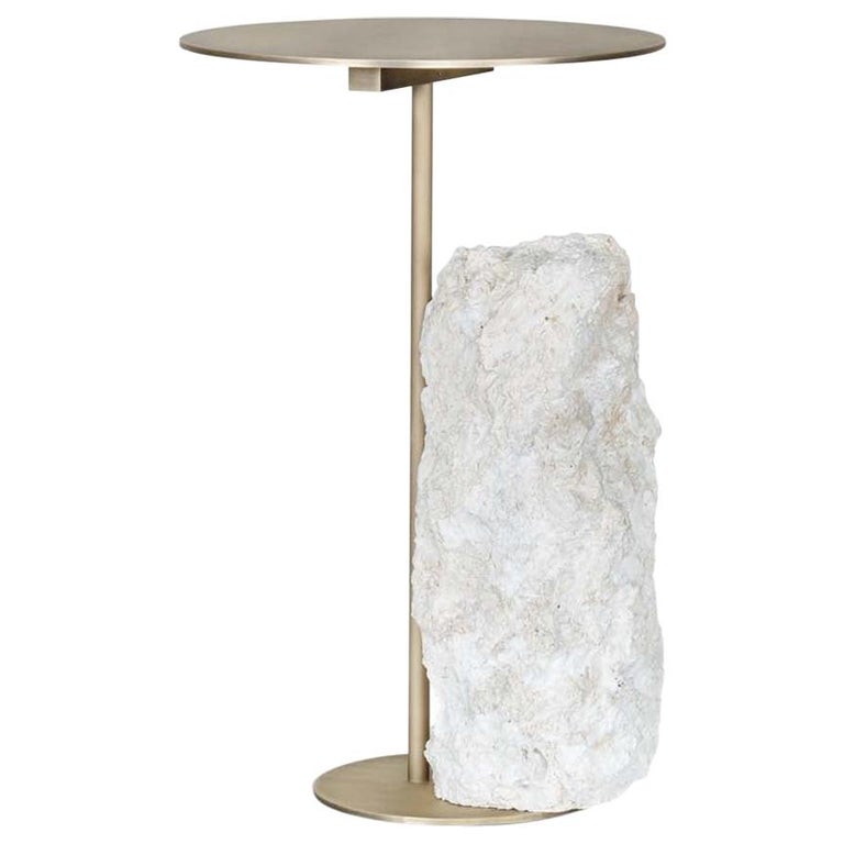 Pico Side Table M White Coral Color Stone Split Face Effect Oxidized Brass Matte For Sale