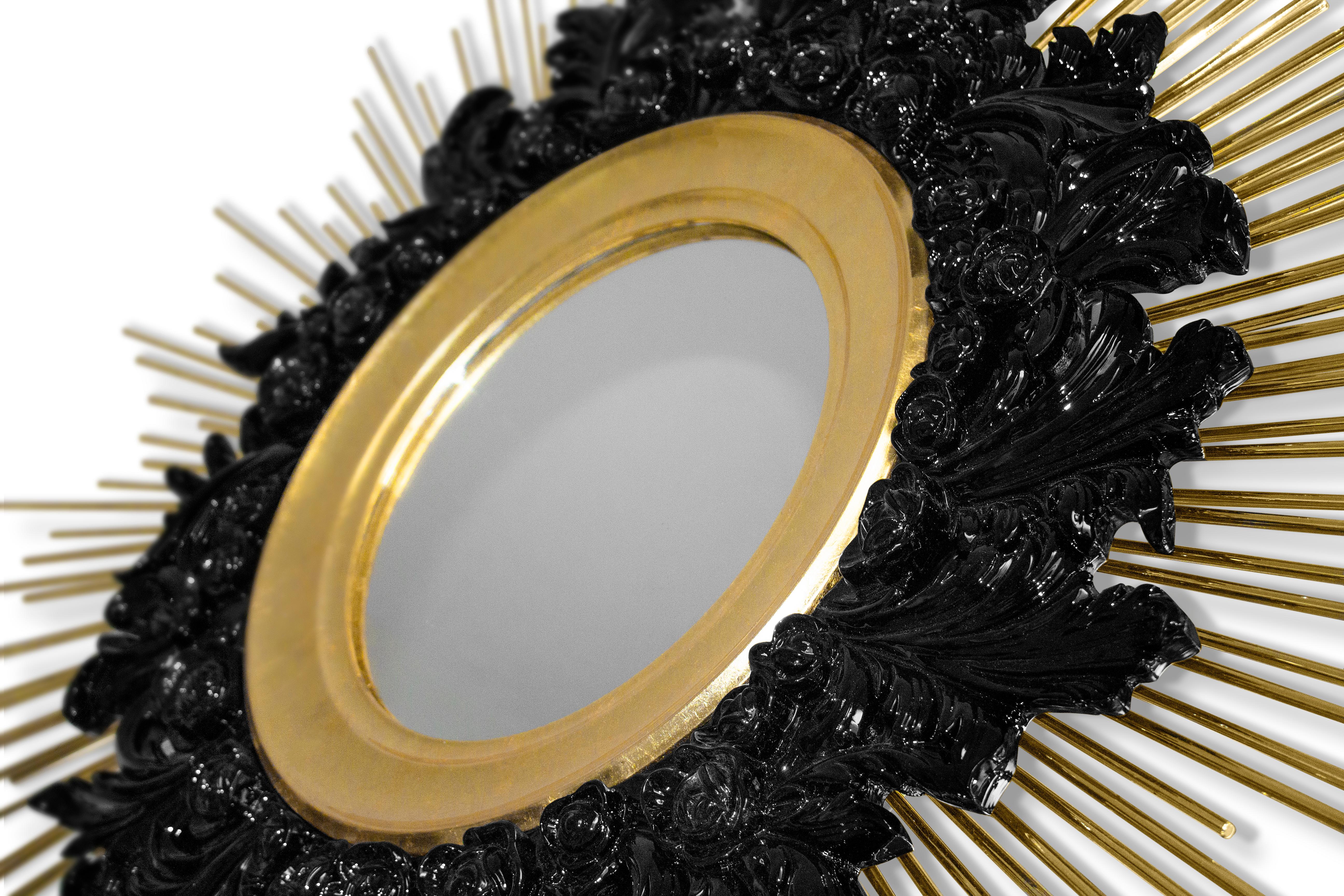 Portuguese 21st Century Pilar Mirror Lacquered Wood Gold Leaf Polished Brass For Sale