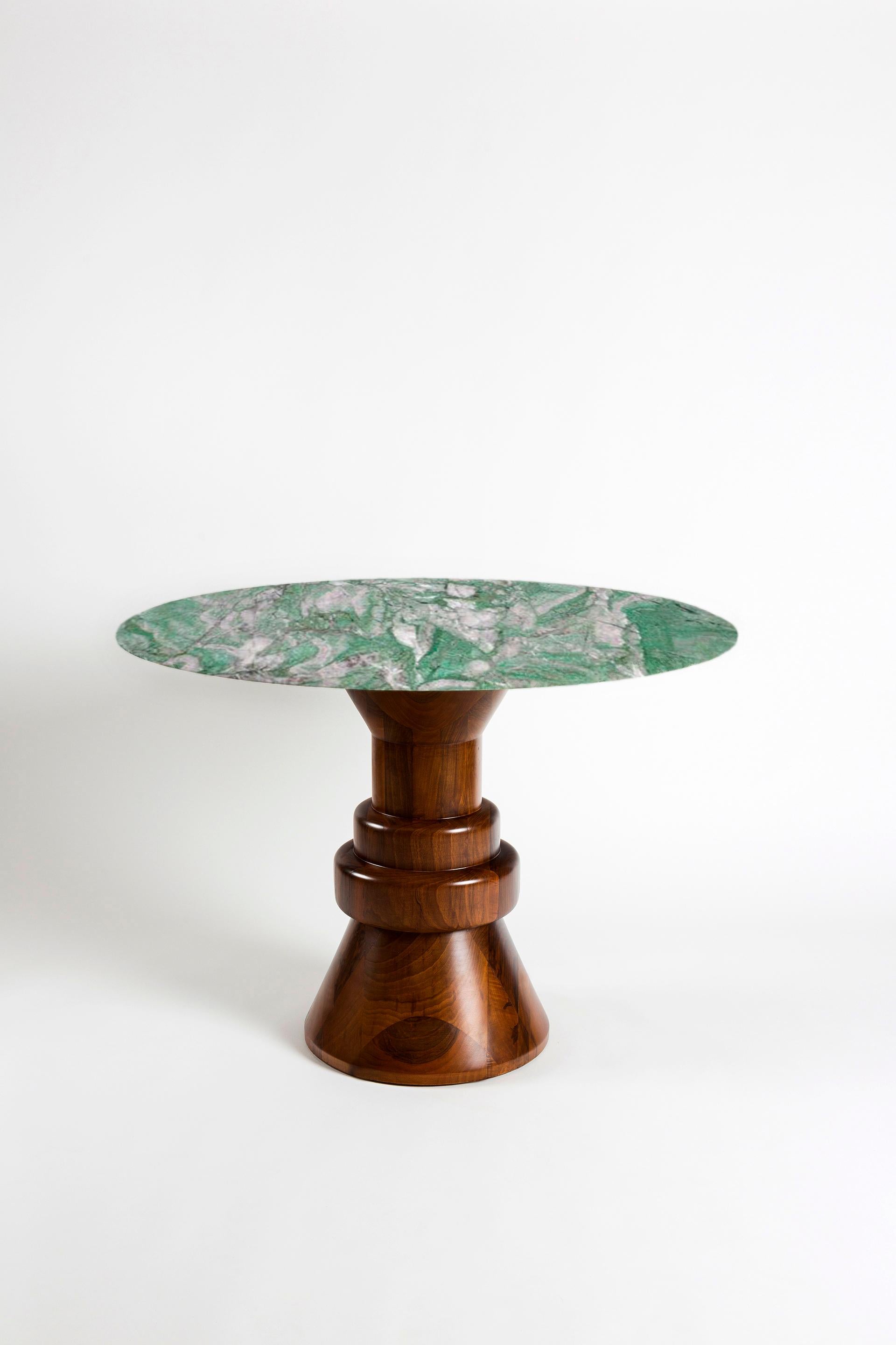 Contemporary 21st Century Pink Marble Round Dining Table with Sculptural Green Wooden Base For Sale