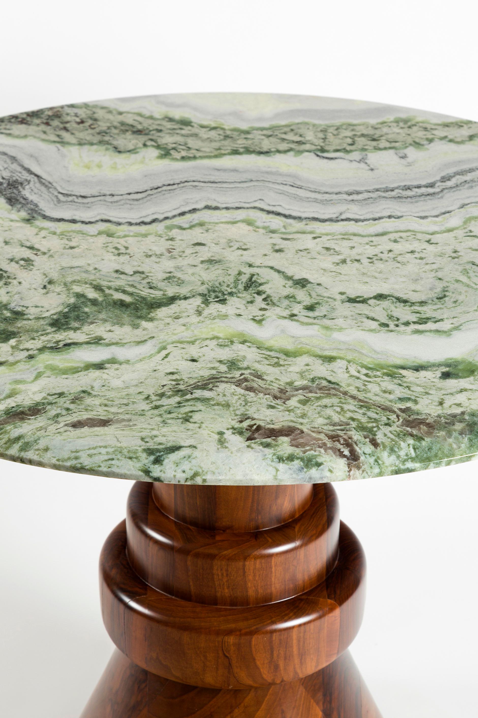 Arts and Crafts 21st Century Pink Marble Round Dining Table with Sculptural Green Wooden Base For Sale