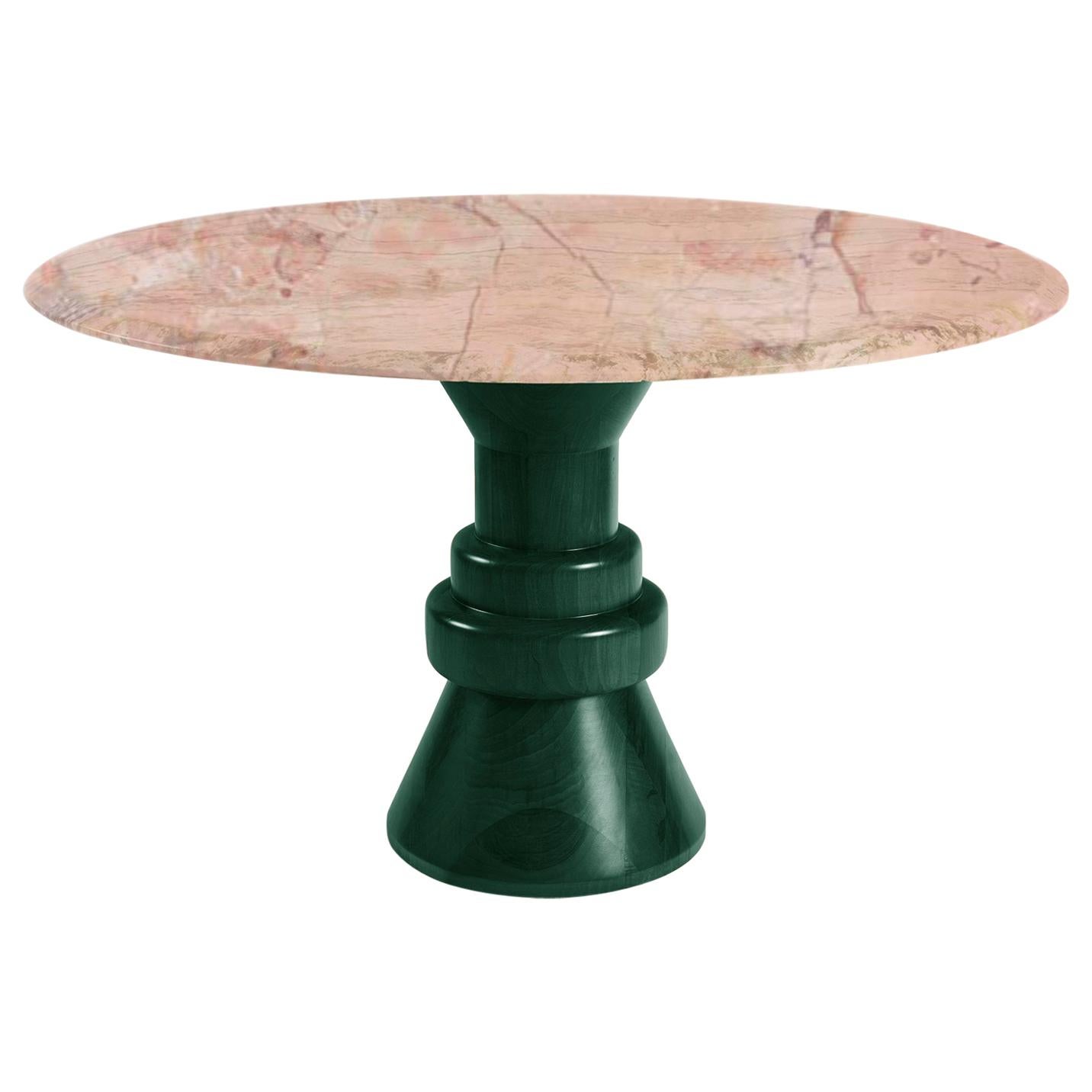 21st Century Pink Marble Round Dining Table with Sculptural Green Wooden Base