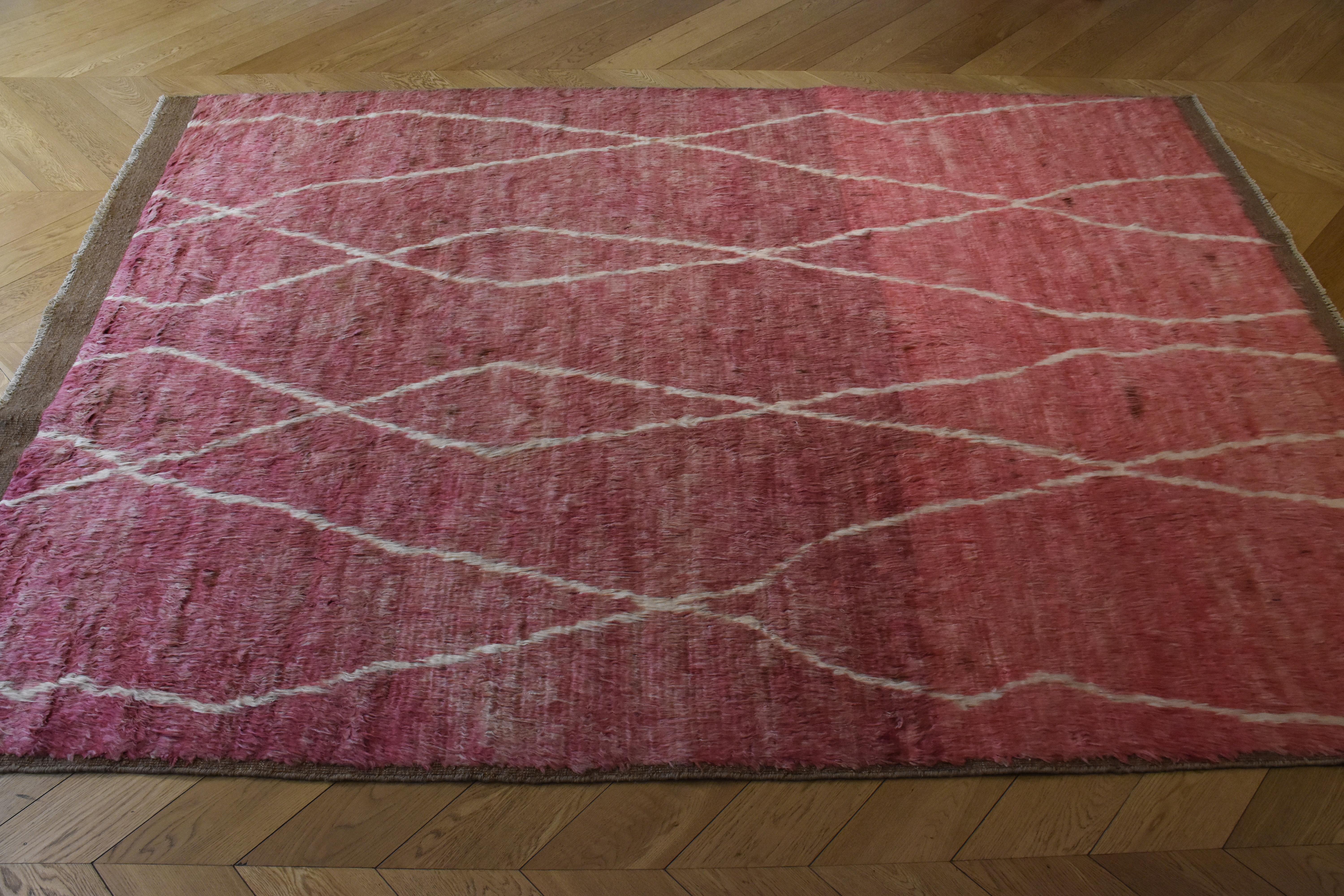 Hand-Knotted 21st Century Pink Tribal Afghan Rug in High Hand Dyed Wool, circa 2000s For Sale