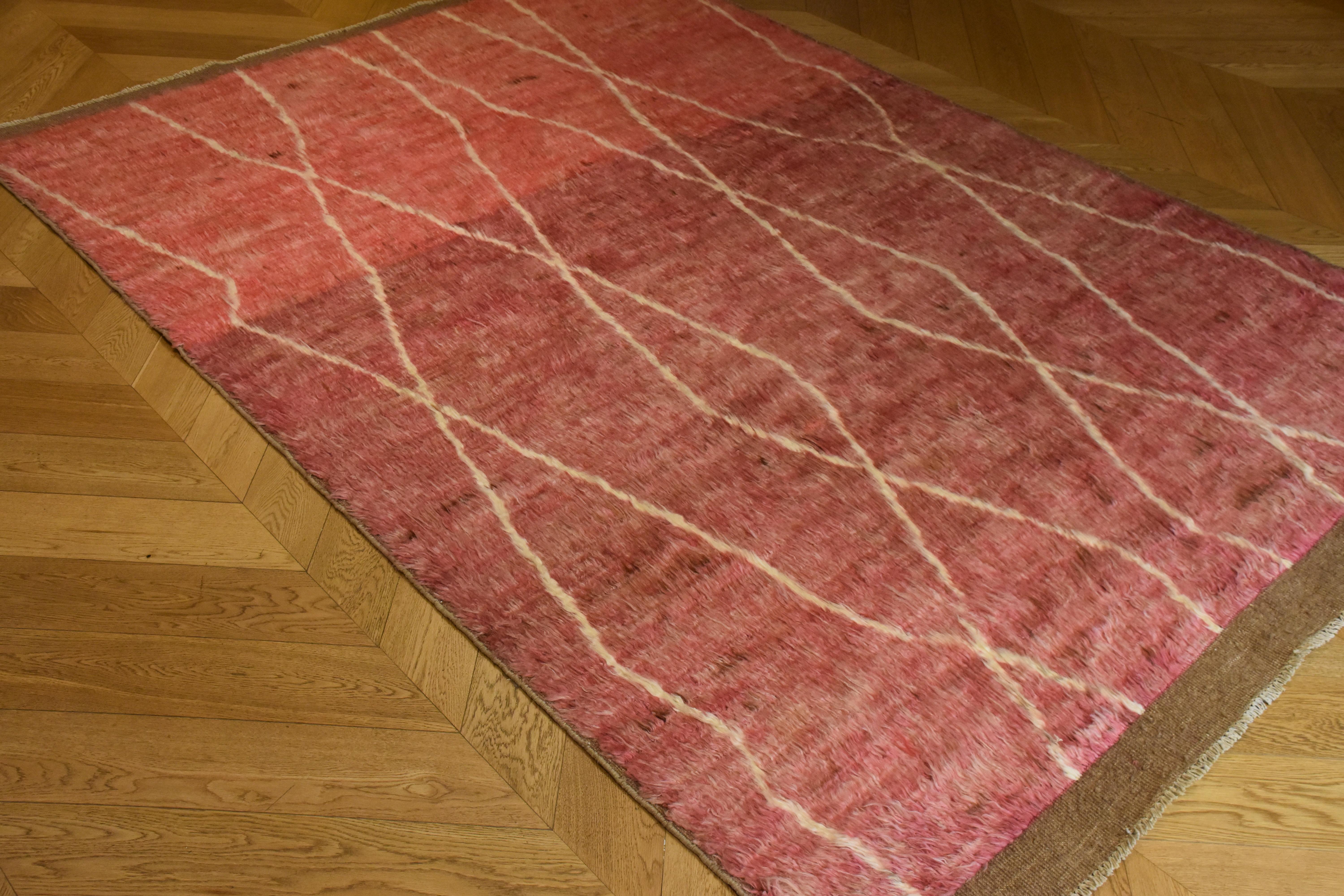 21st Century Pink Tribal Afghan Rug in High Hand Dyed Wool, circa 2000s For Sale 1