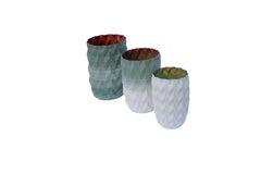 21st Century Porcelain Pleated Set of 3 Vases Hand Painted Glazed Faience, Italy