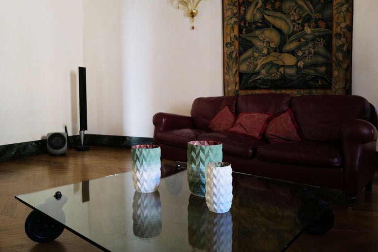 Modern 21st Century Porcelain Pleated Set of 3 Vases Hand Painted Glazed Faience, Italy For Sale