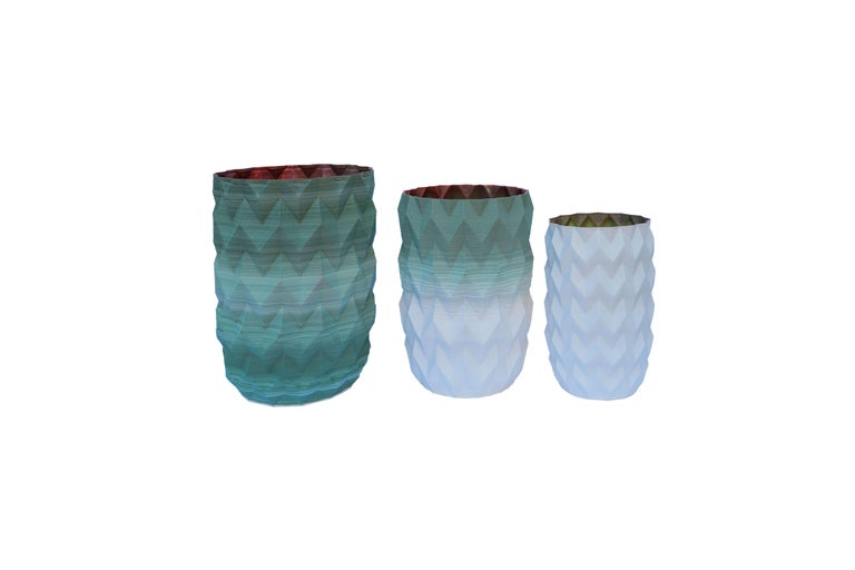 Ceramic 21st Century Porcelain Pleated Set of 3 Vases Hand Painted Glazed Faience, Italy For Sale