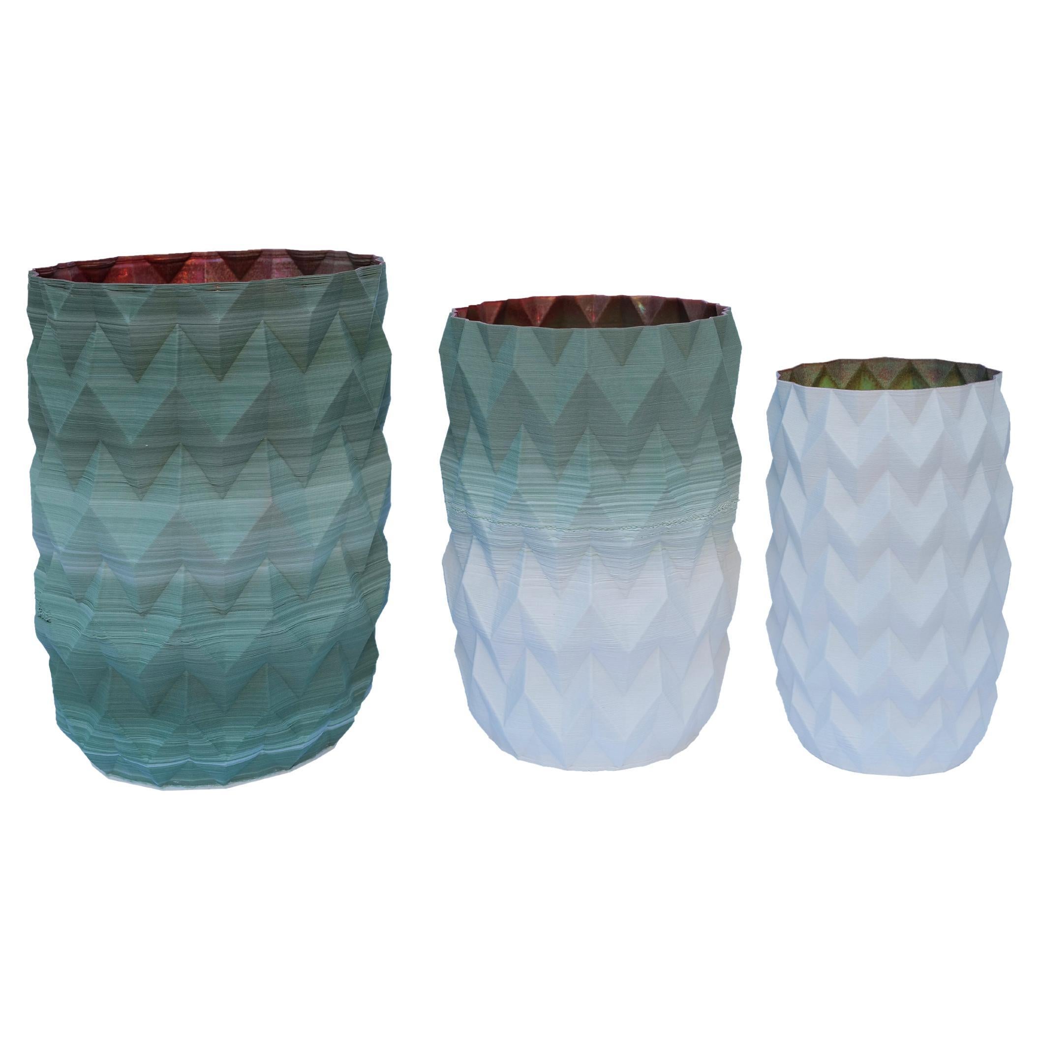 21st Century Porcelain Pleated Set of 3 Vases Hand Painted Glazed Faience, Italy