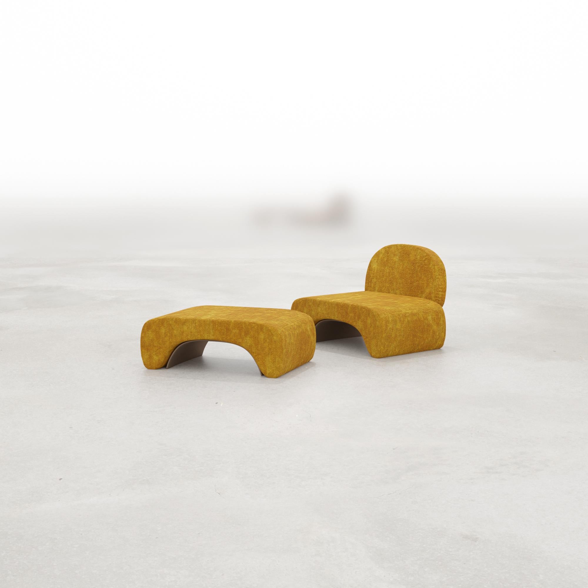 The U-chair is part of the U series by Studio SORS. celebrating organic postmodernism, with its wide facets and rounded forms. Each piece is hand constructed with a waxed patina finished metal under structure and upholstered or smoothed hardened