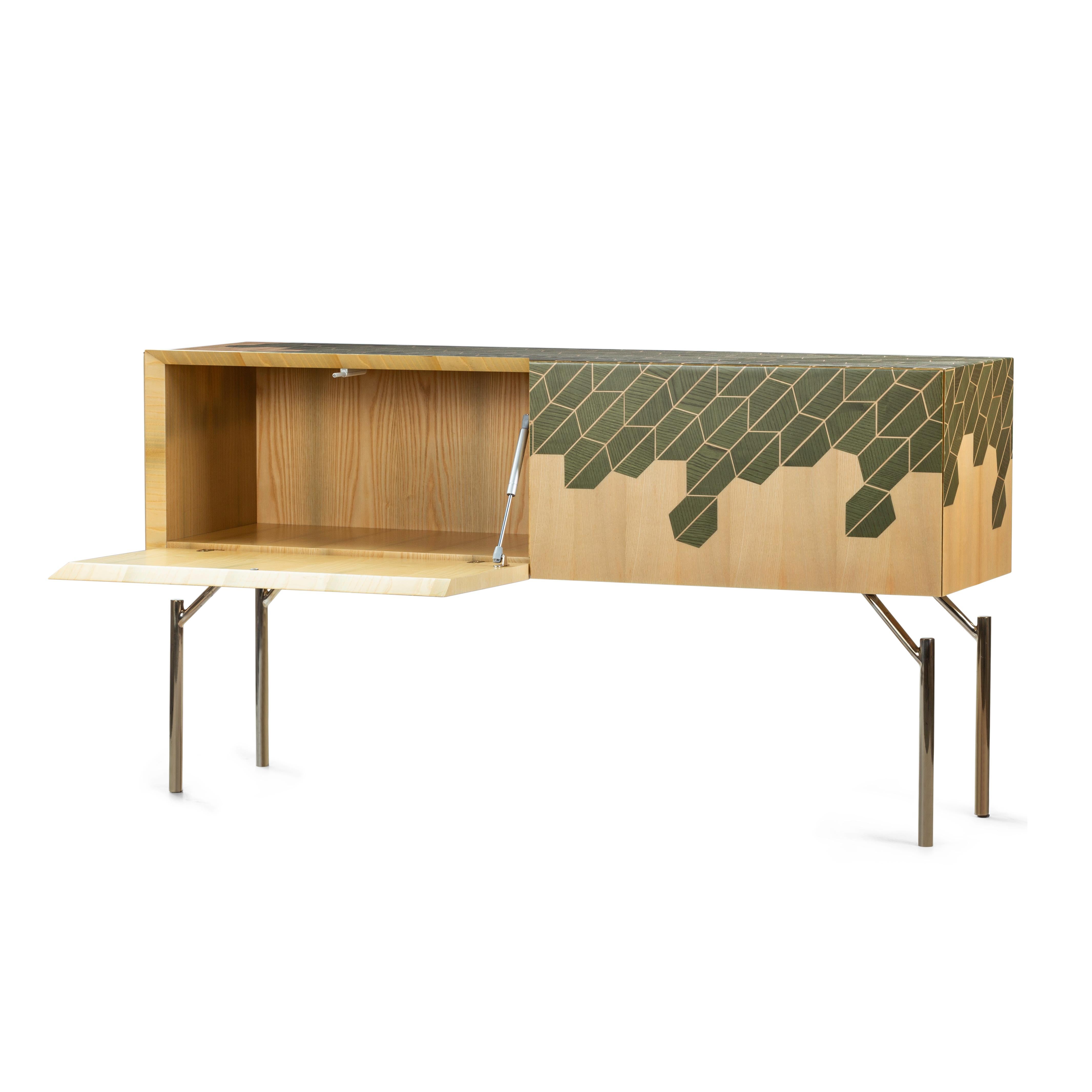 Italian 21st Century Primavera Inlaid Sideboard 45° Cut in Ash and Steel, Made in Italy For Sale
