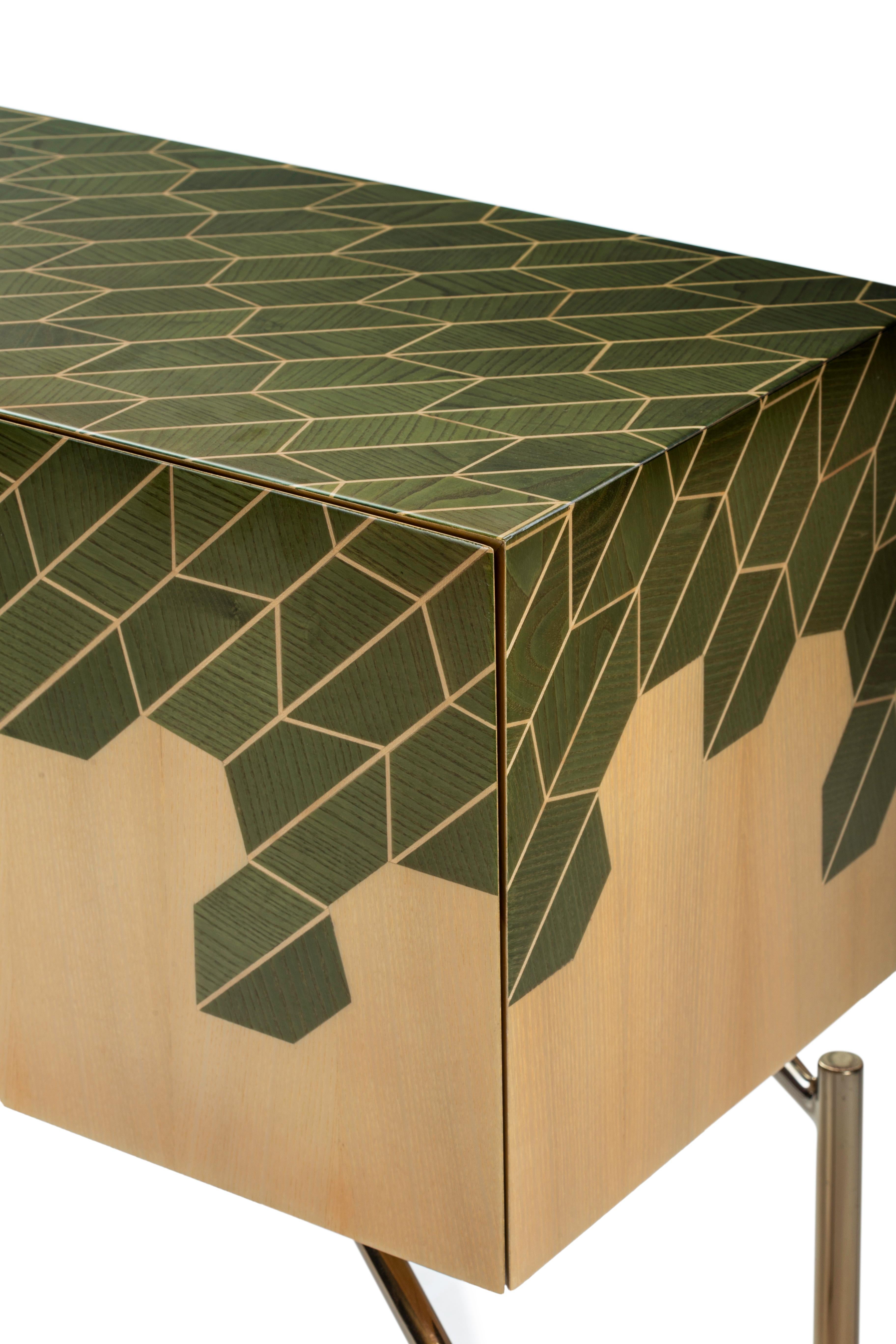 Hand-Crafted 21st Century Primavera Inlaid Sideboard 45° Cut in Ash and Steel, Made in Italy For Sale