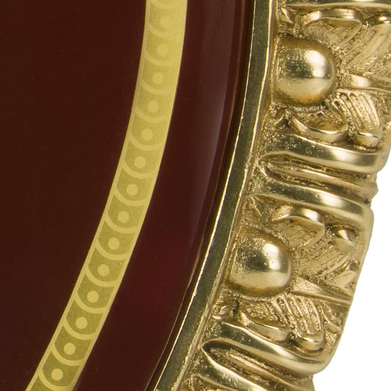 21st Century purple porcelain with pure gold  decorations and golden bronze wall clock. This clock is finely chiseled lost wax castings. This clock has a quartz movements. On request to customer can modificate the color of porcelain: pivory,