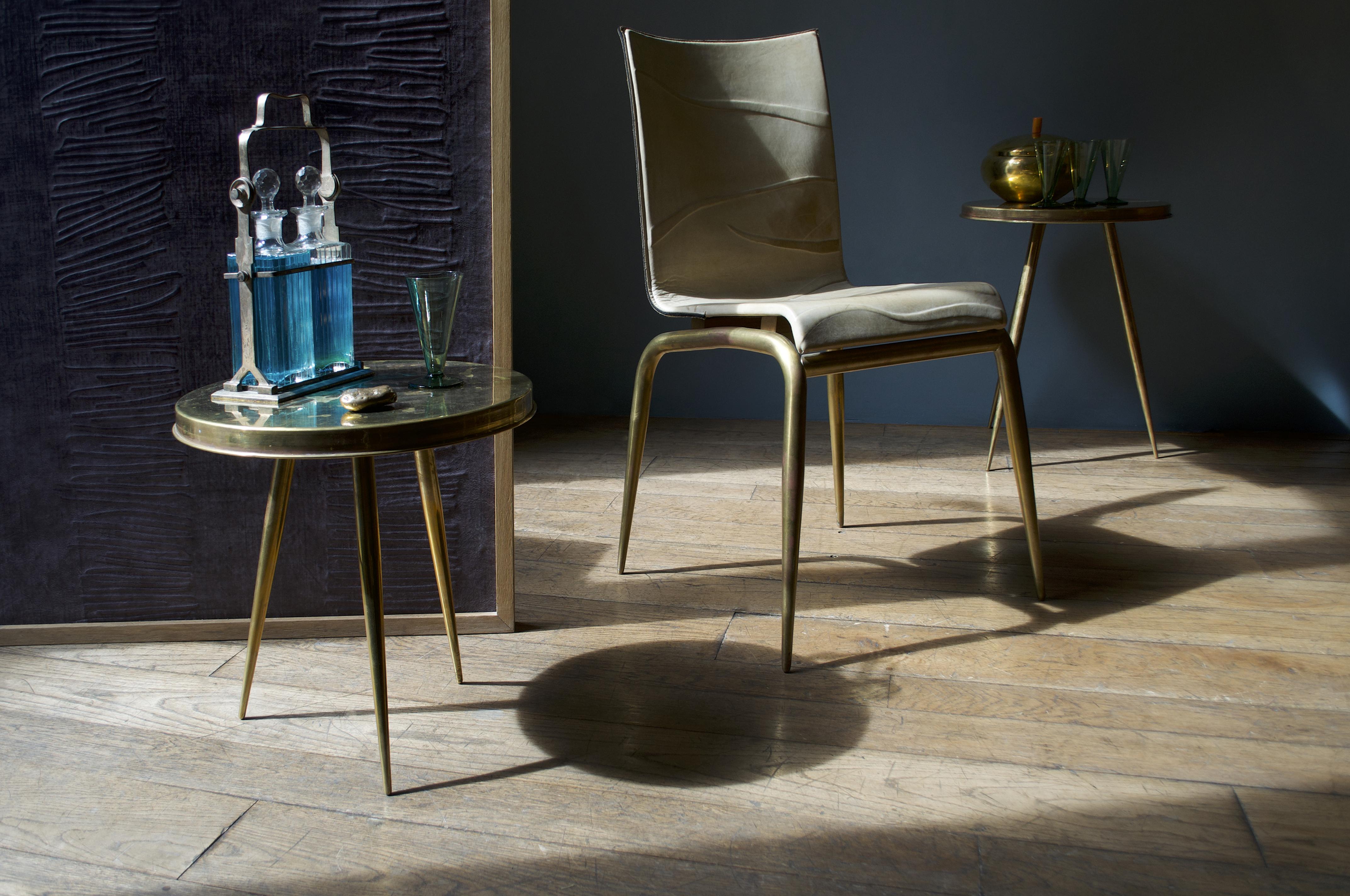 Italian 21st Century, Quadricorn- Bas-Relief Full-Grain Leather Brass-Legs Chair For Sale