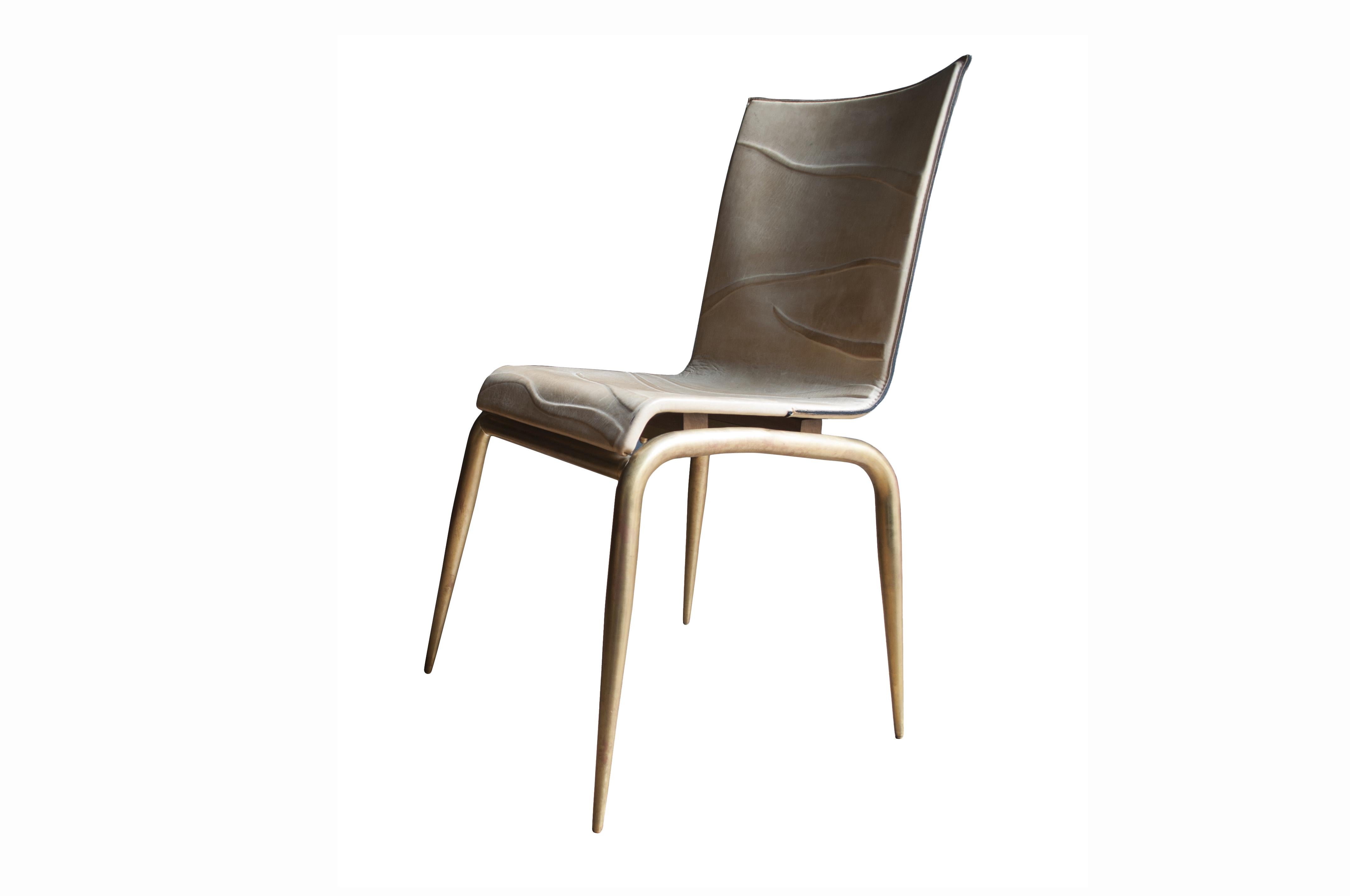 Contemporary 21st Century, Quadricorn- Bas-Relief Full-Grain Leather Brass-Legs Chair For Sale