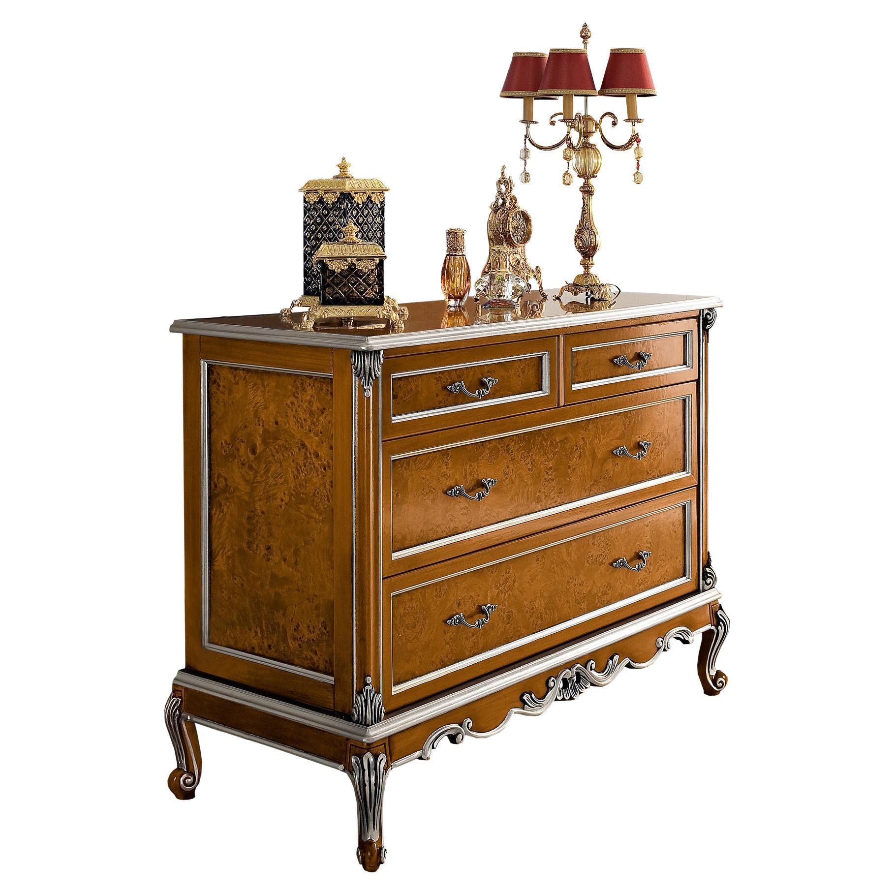 21st Century Radica Wood 4-Drawers Commode by Modenese Gastone, Baroque Inspired For Sale