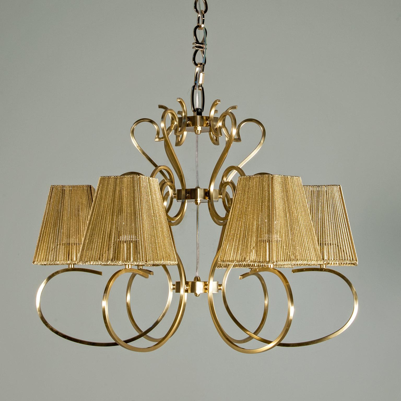 Modern 21st Century Raffinata Satin Brass Chandelier & Gold Shades by Patrizia Garganti For Sale
