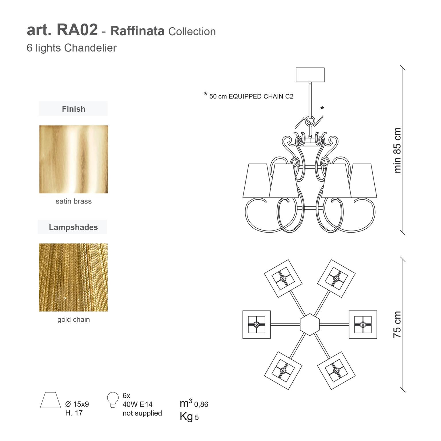 21. Jahrhundert Raffinata-Kronleuchter aus satiniertem Messing und goldenen Schirmen von Patrizia Garganti (Gold) im Angebot