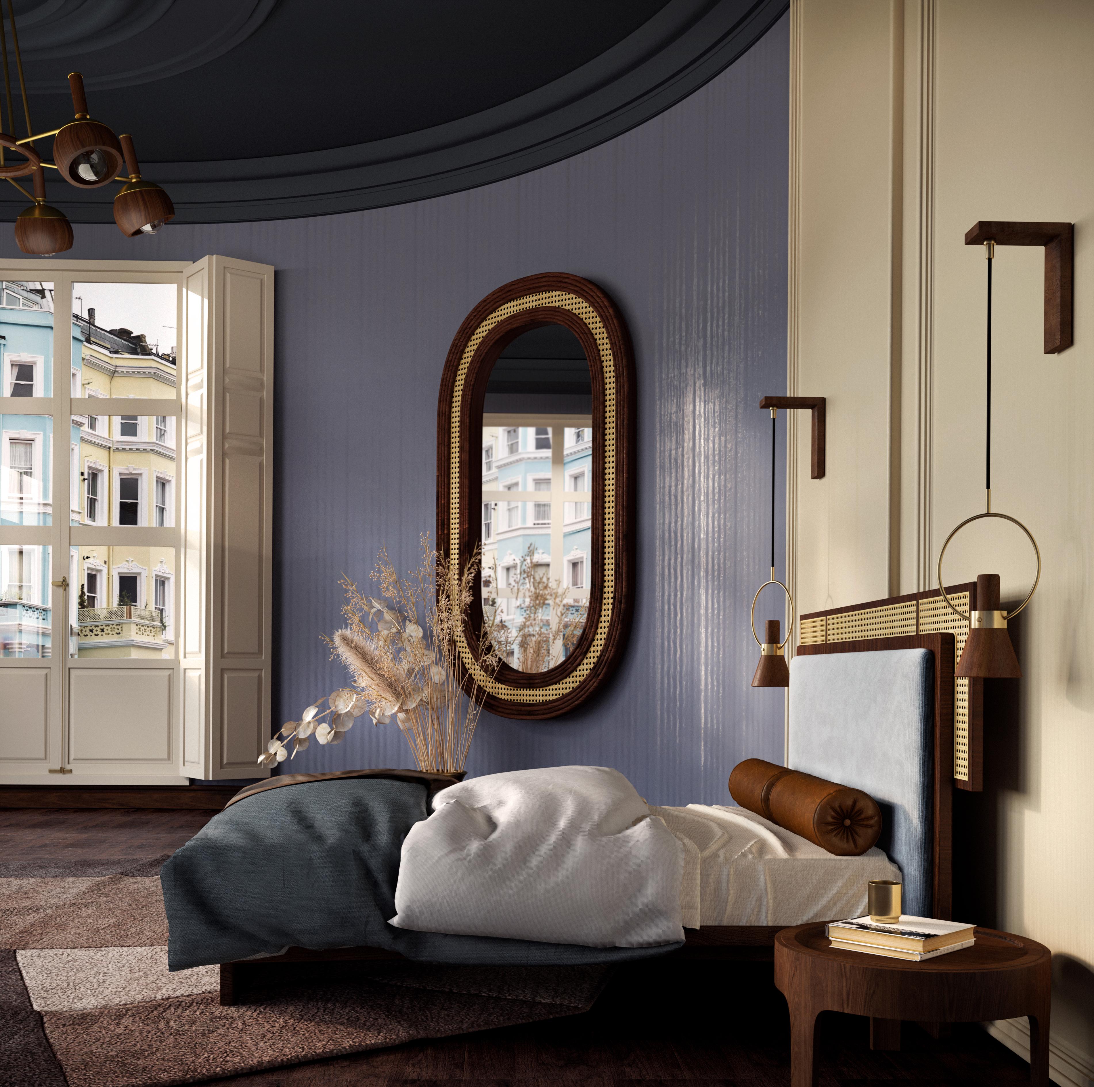 Contemporary 21st Century Rattan Forbes Bed Wanut Wood Made in PortugaL by Wood Tailors