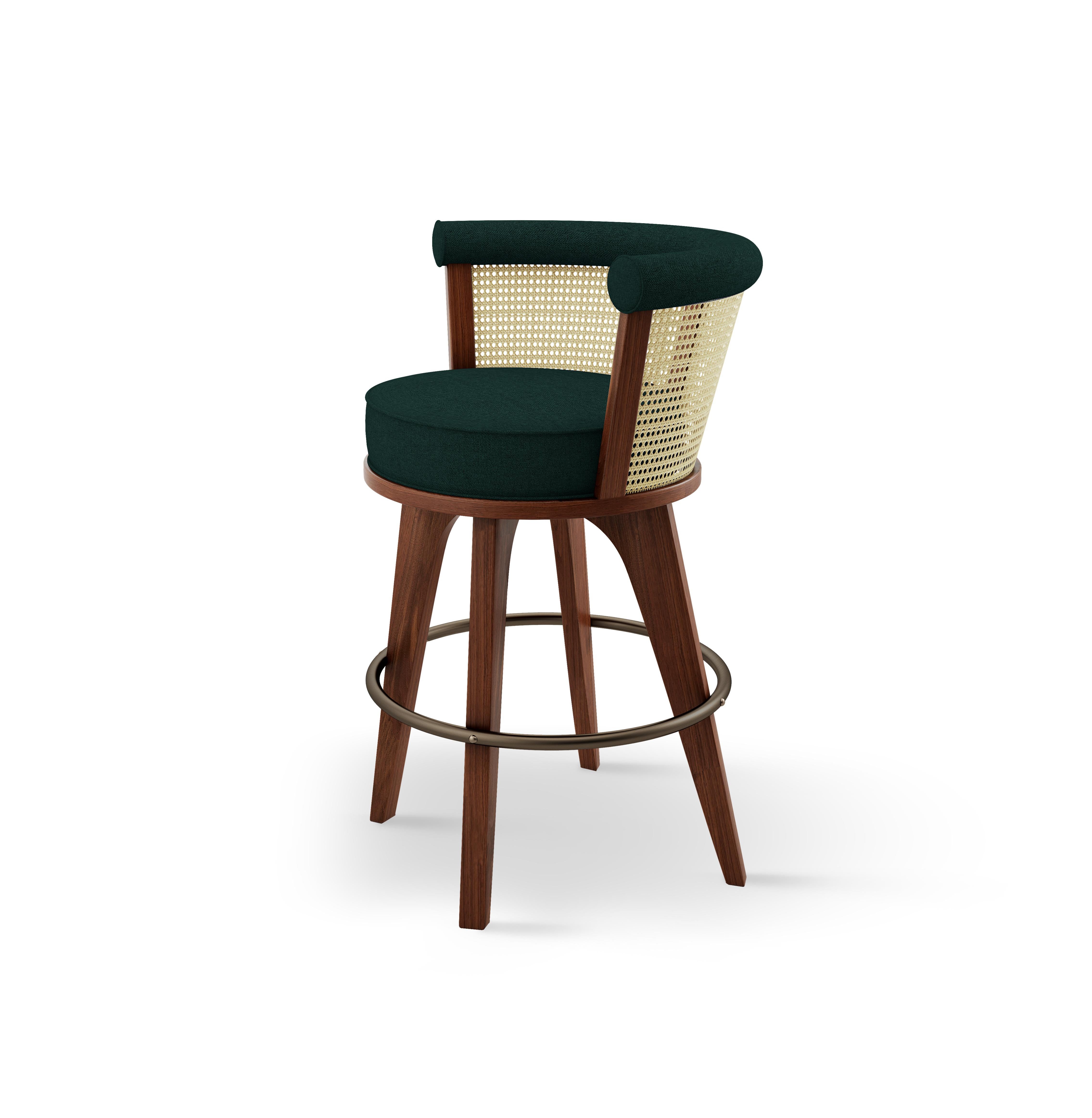 Portuguese 21st Century Rattan George Bar Chair Walnut Wood Linen For Sale