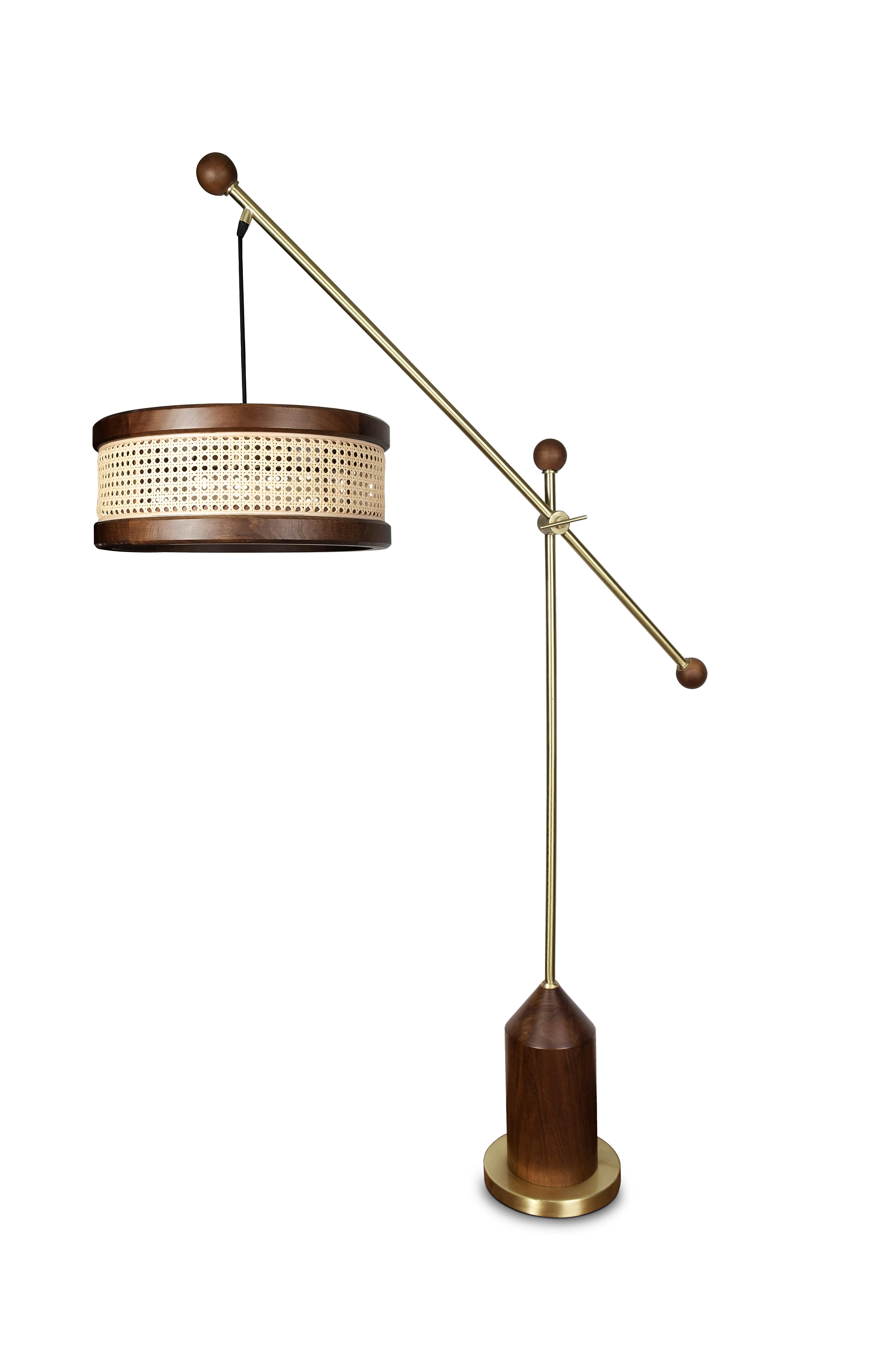 Portuguese 21st Century Rattan Hamilton Floor Lamp Walnut Wood Brass For Sale