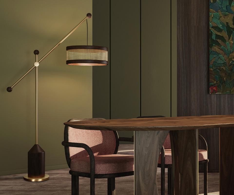 21st Century Rattan Hamilton Floor Lamp Walnut Wood Brass For Sale 2