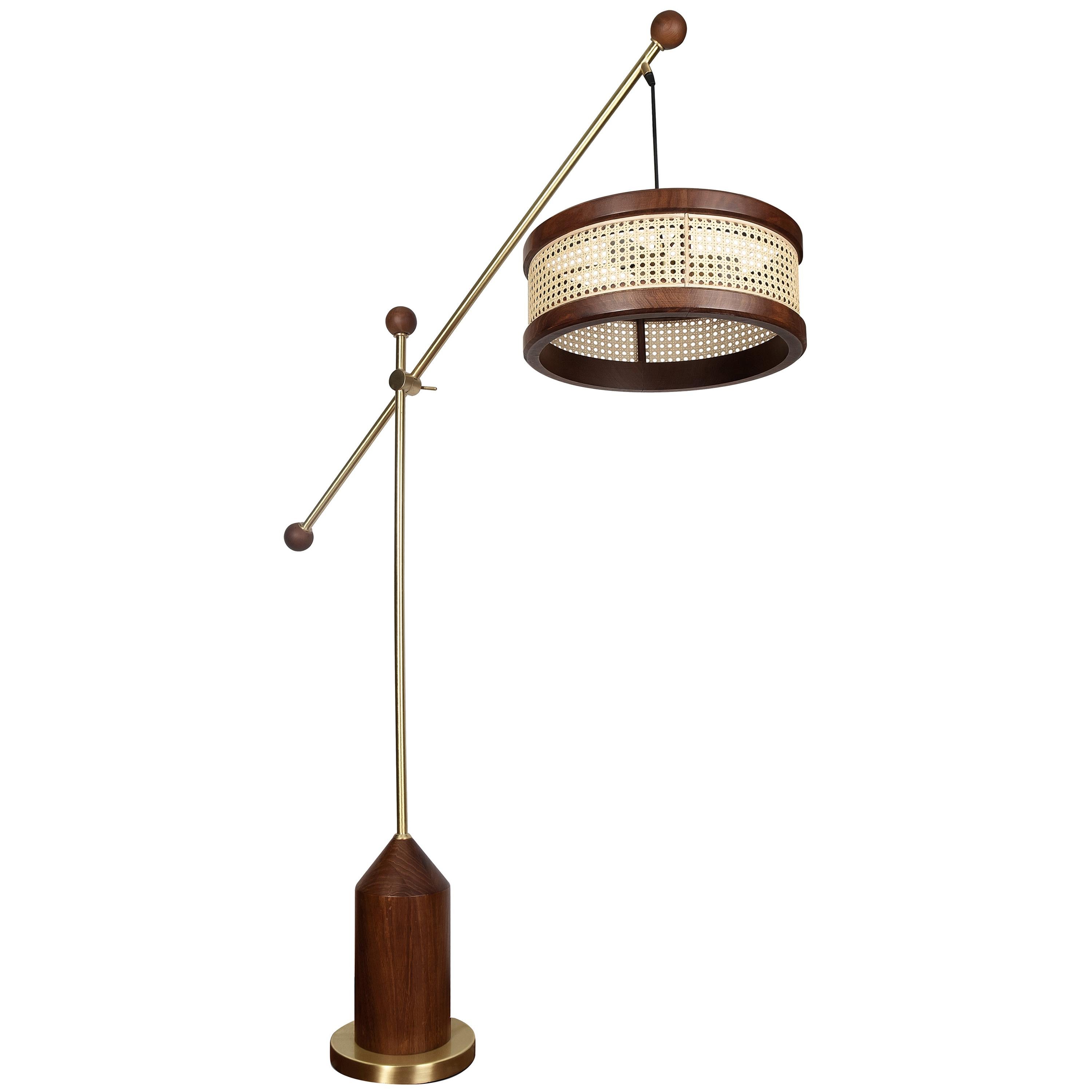 21st Century Rattan Hamilton Floor Lamp Walnut Wood Brass For Sale