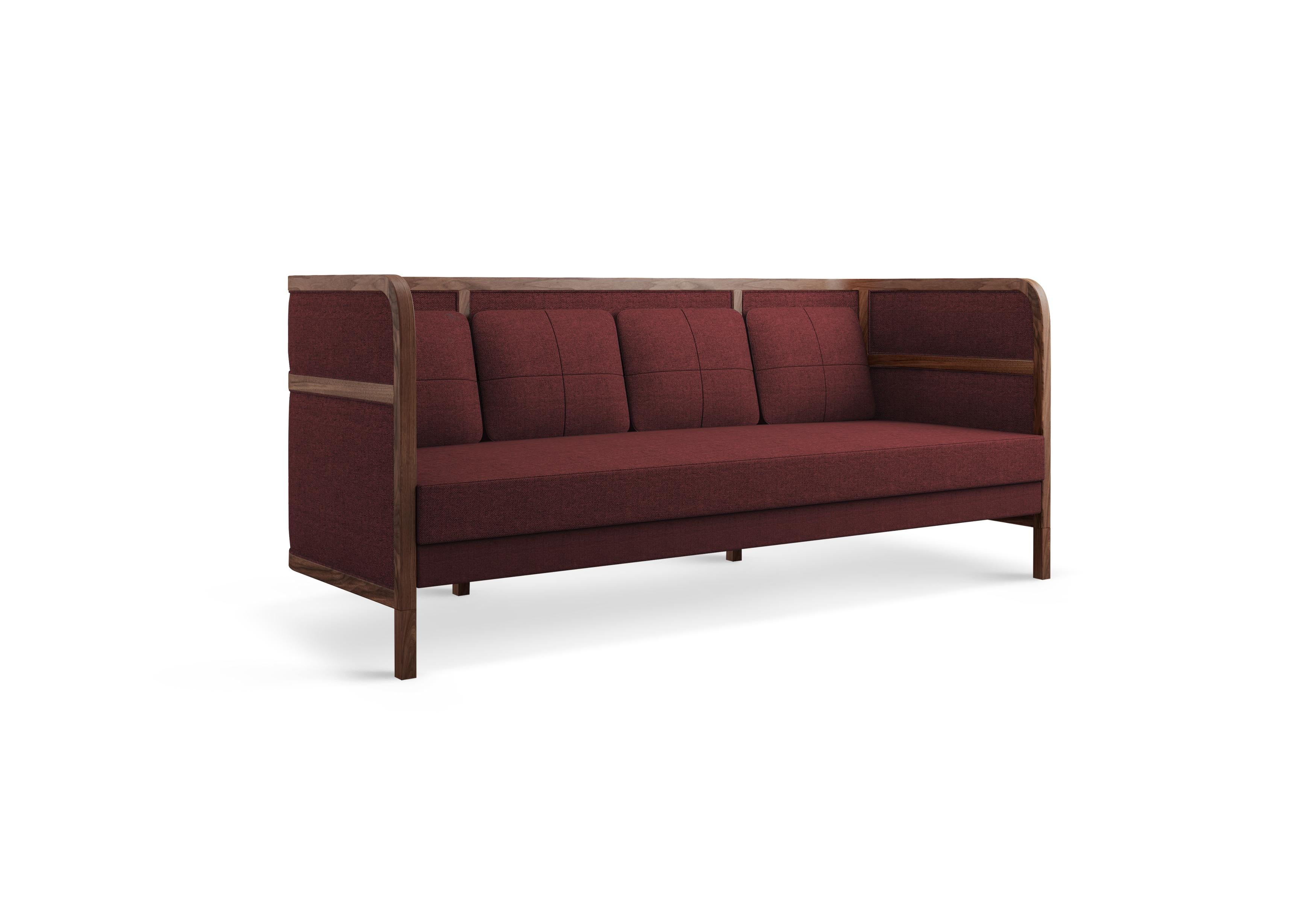 Contemporary 21st Century Rattan Walnut Wood Crockford Sofa Linen For Sale