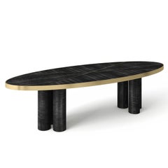 Ray Oval Dining Table, High Gloss Frisé Grey Sycamore wood and Brass, Portugal